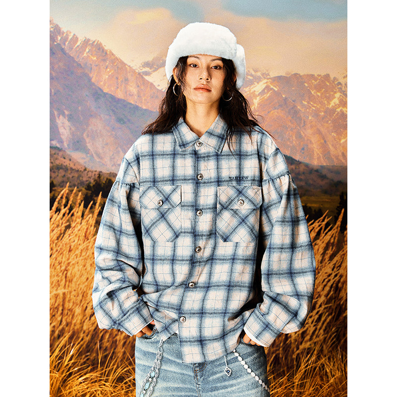 Special Imitation Paper Check Pleated Fabric Drawstring Shirt