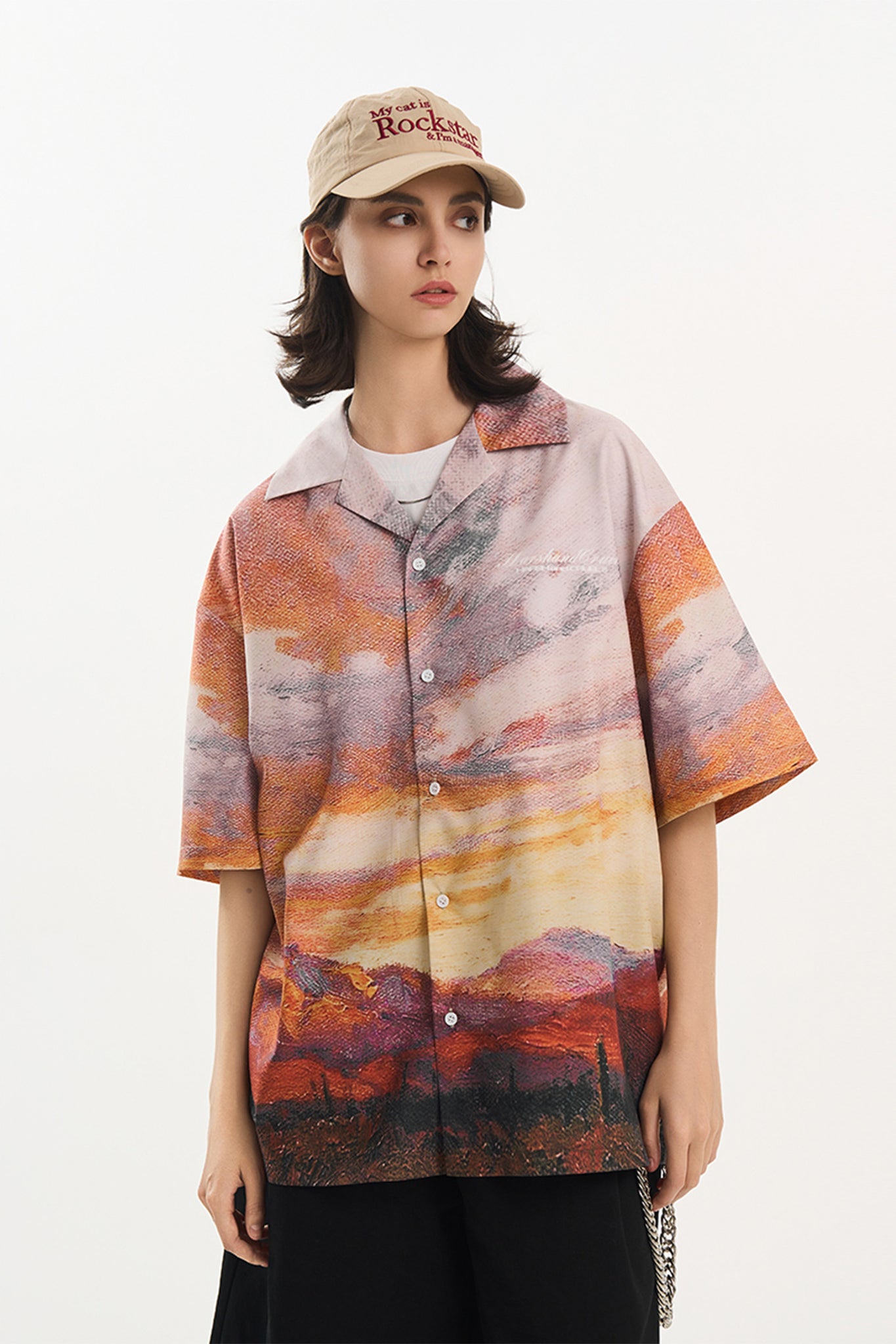 Sunset Oil Painting Landscape Print Short-Seeved Shirt