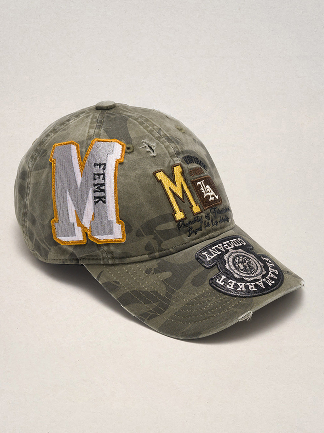 FLEAMARKET | Patchwork "M" Curved Brim Cap - PSYLOS 1, FLEAMARKET | Patchwork "M" Curved Brim Cap, Hats, FLEAMARKET, PSYLOS 1