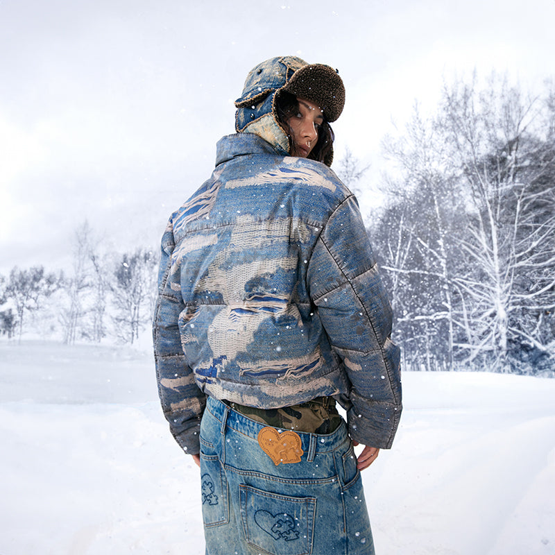 “Ragged Oil” Ragged Printed Denim White Duck Down Jacket