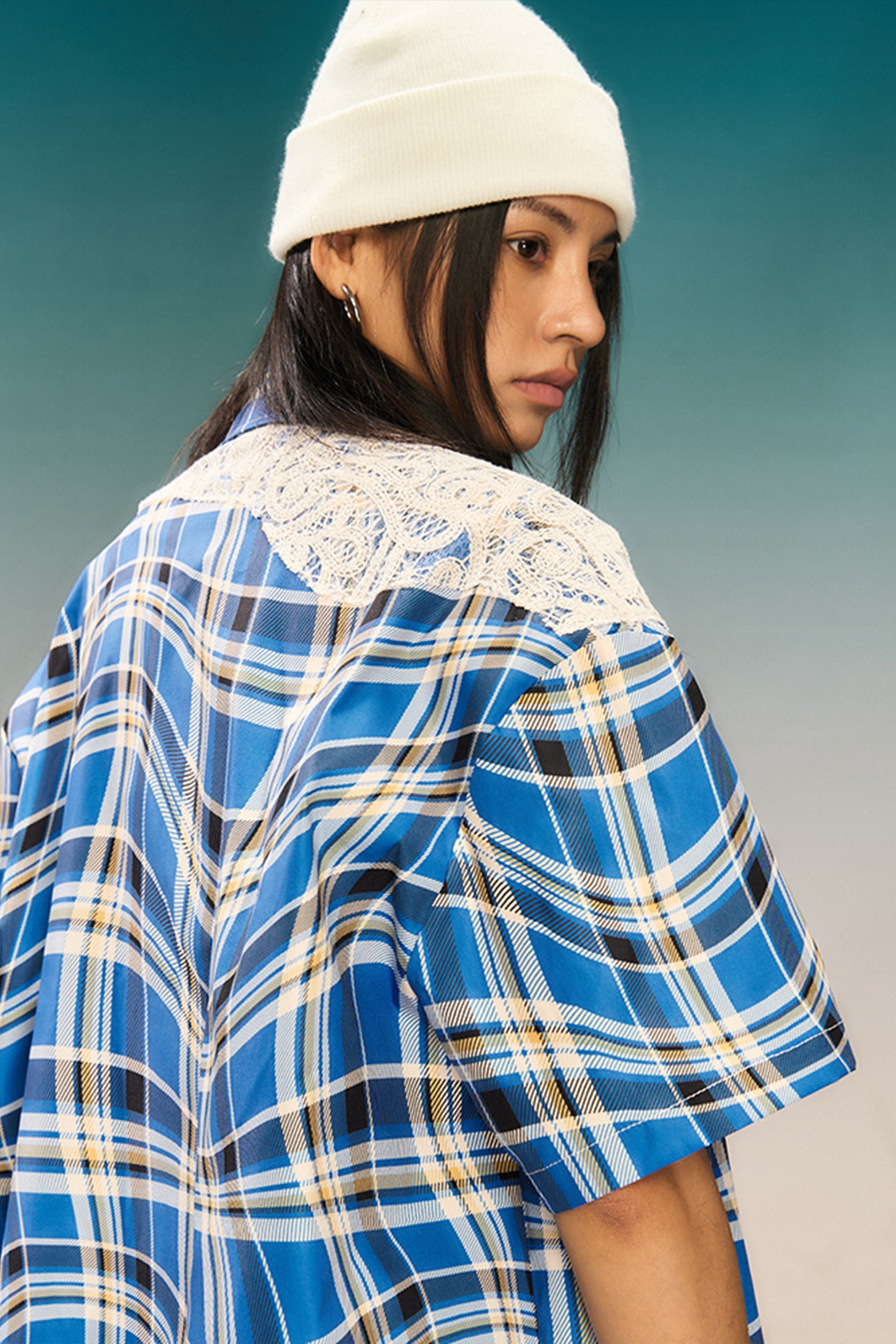 YADcrew | Plaid Lace Stitching Trendy Loose Short-Sleeved Shirt - PSYLOS 1, YADcrew | Plaid Lace Stitching Trendy Loose Short-Sleeved Shirt, Shirts, YADcrew•JAPAN, PSYLOS 1