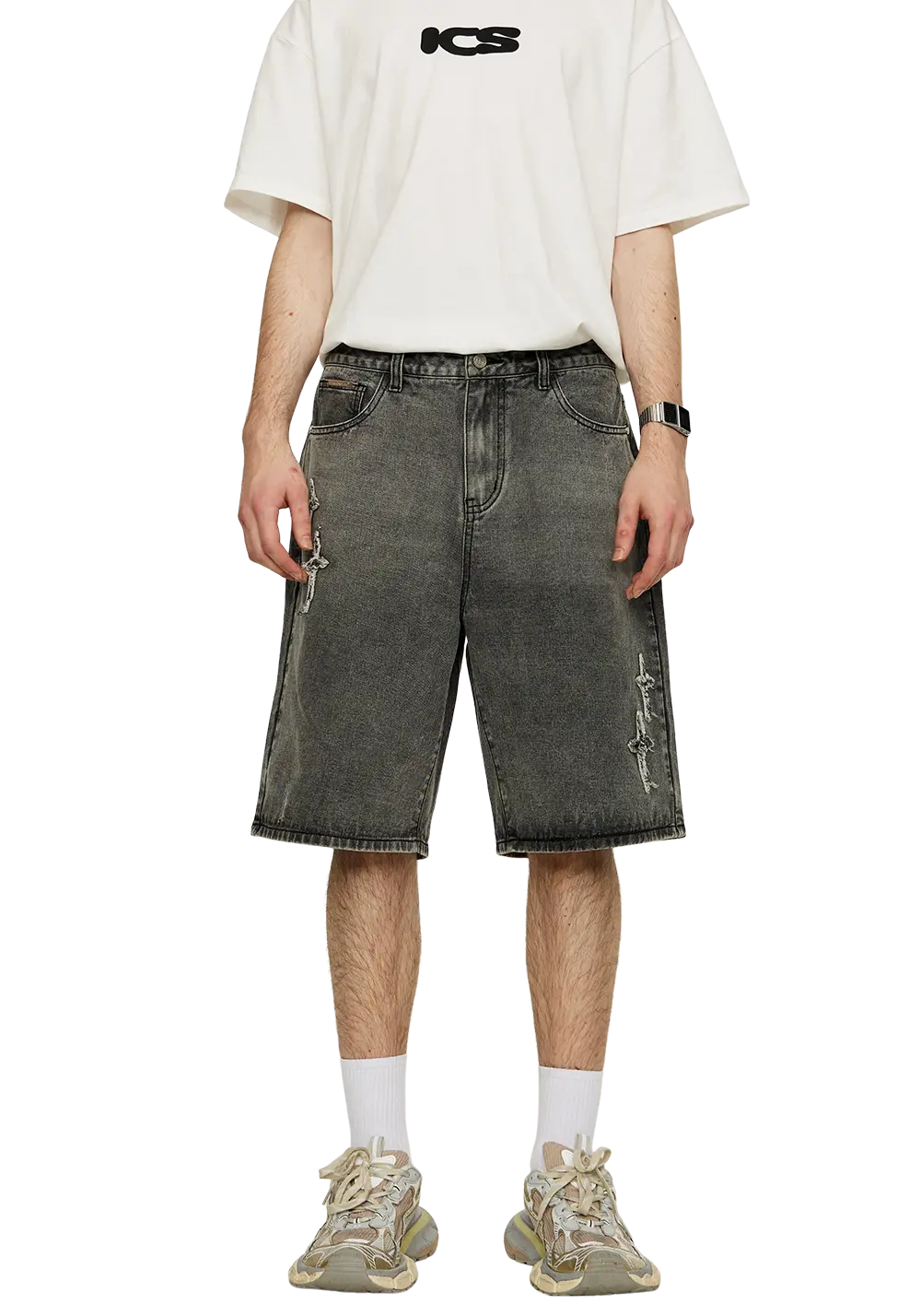 Patchwork Cross Star Embroidered Denim Shorts - PSYLOS 1, Patchwork Cross Star Embroidered Denim Shorts, Shorts, iconslab, PSYLOS 1