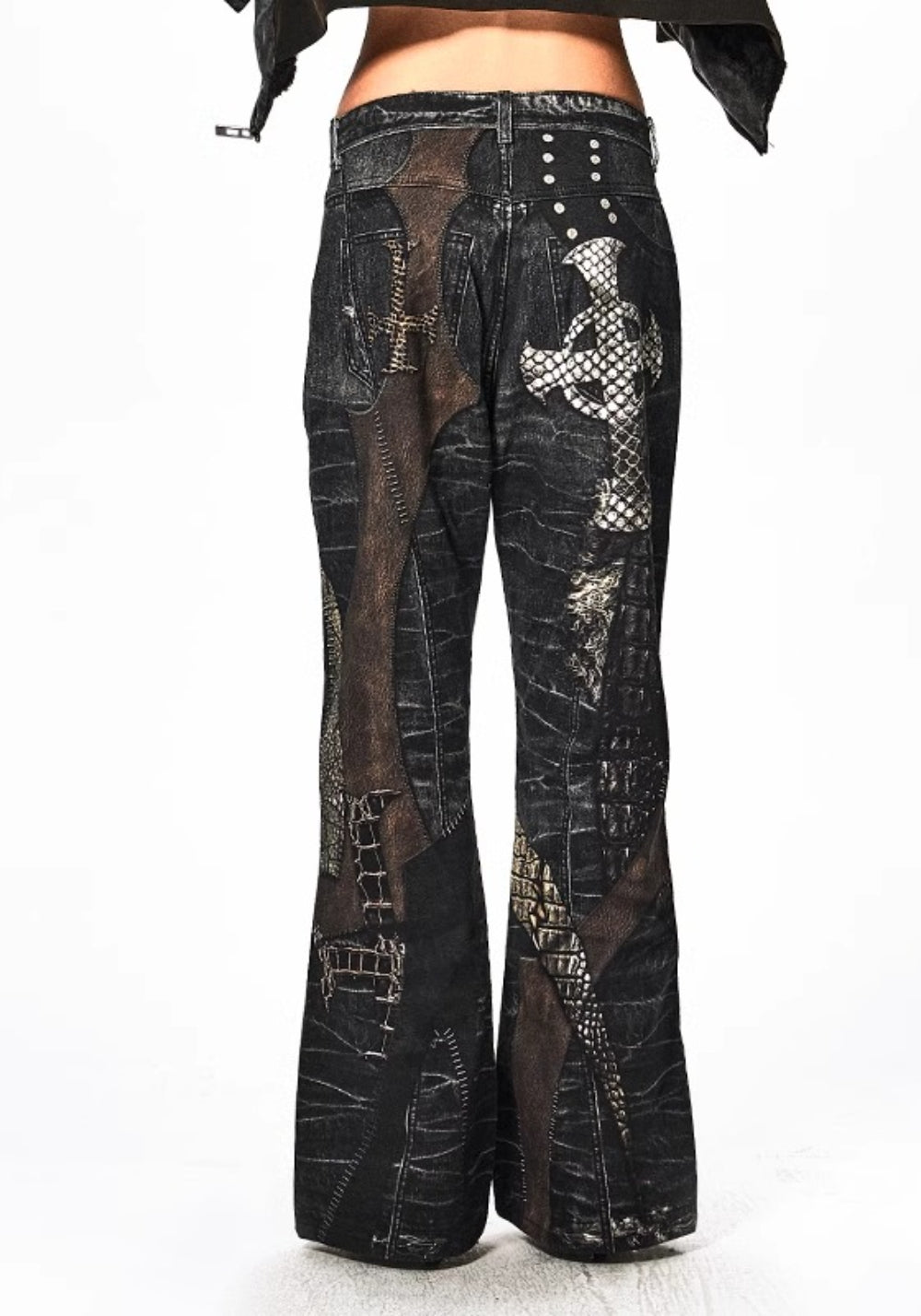 DND4DES丨Print Faux Leather Patch Denim Jeans - PSYLOS 1, DND4DES丨Print Faux Leather Patch Denim Jeans, Pants, DND4DES•JAPAN, PSYLOS 1