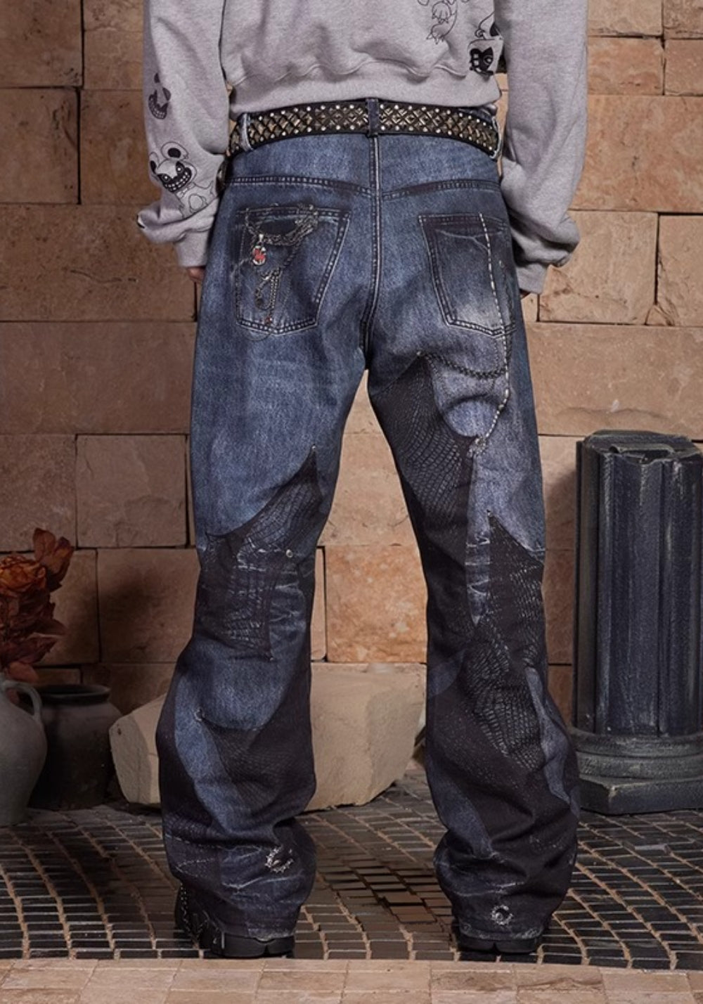 DND4DES丨All-Over Lace Print Chain Denim Jeans - PSYLOS 1, DND4DES丨All-Over Lace Print Chain Denim Jeans, Pants, DND4DES•JAPAN, PSYLOS 1