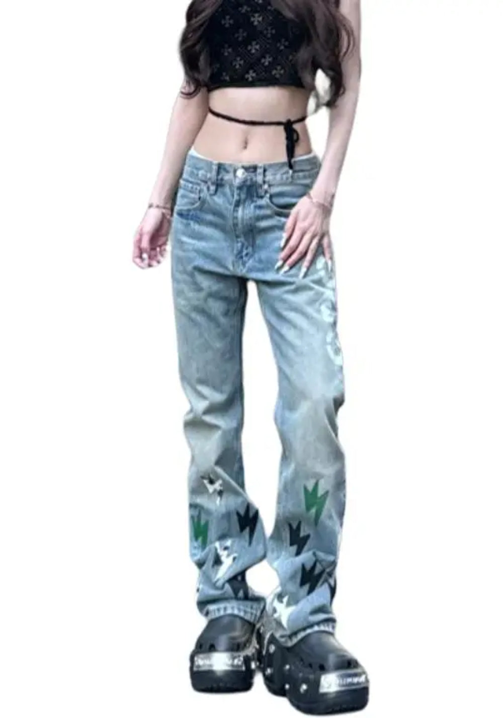 AMEXNOCAP丨Panda Lightning Leather Straight-Wash Jeans - PSYLOS 1, AMEXNOCAP丨Panda Lightning Leather Straight-Wash Jeans, Jeans, Amexnocap, PSYLOS 1