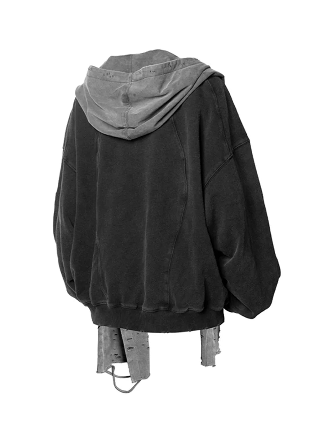 Sudadera con cuello redondo multidireccional, color gris oscuro lavado, capucha desgastada desmontable y construcción tridimensional (tallado) de RELABEL