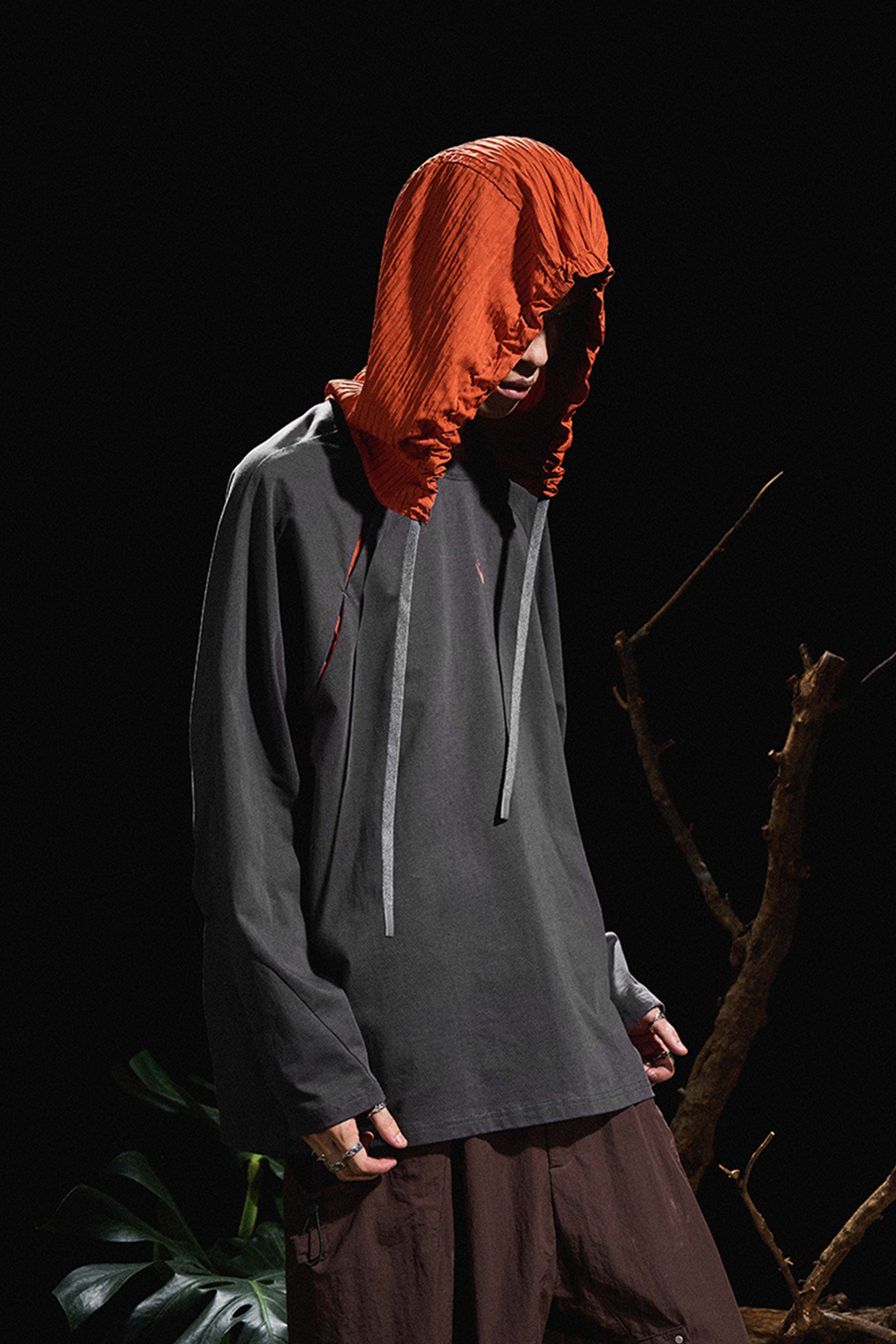 RELABEL丨Gray And Orange Stitching Hooded Long T-Shirt - PSYLOS 1, RELABEL丨Gray And Orange Stitching Hooded Long T-Shirt, T-Shirt, RELABEL, PSYLOS 1