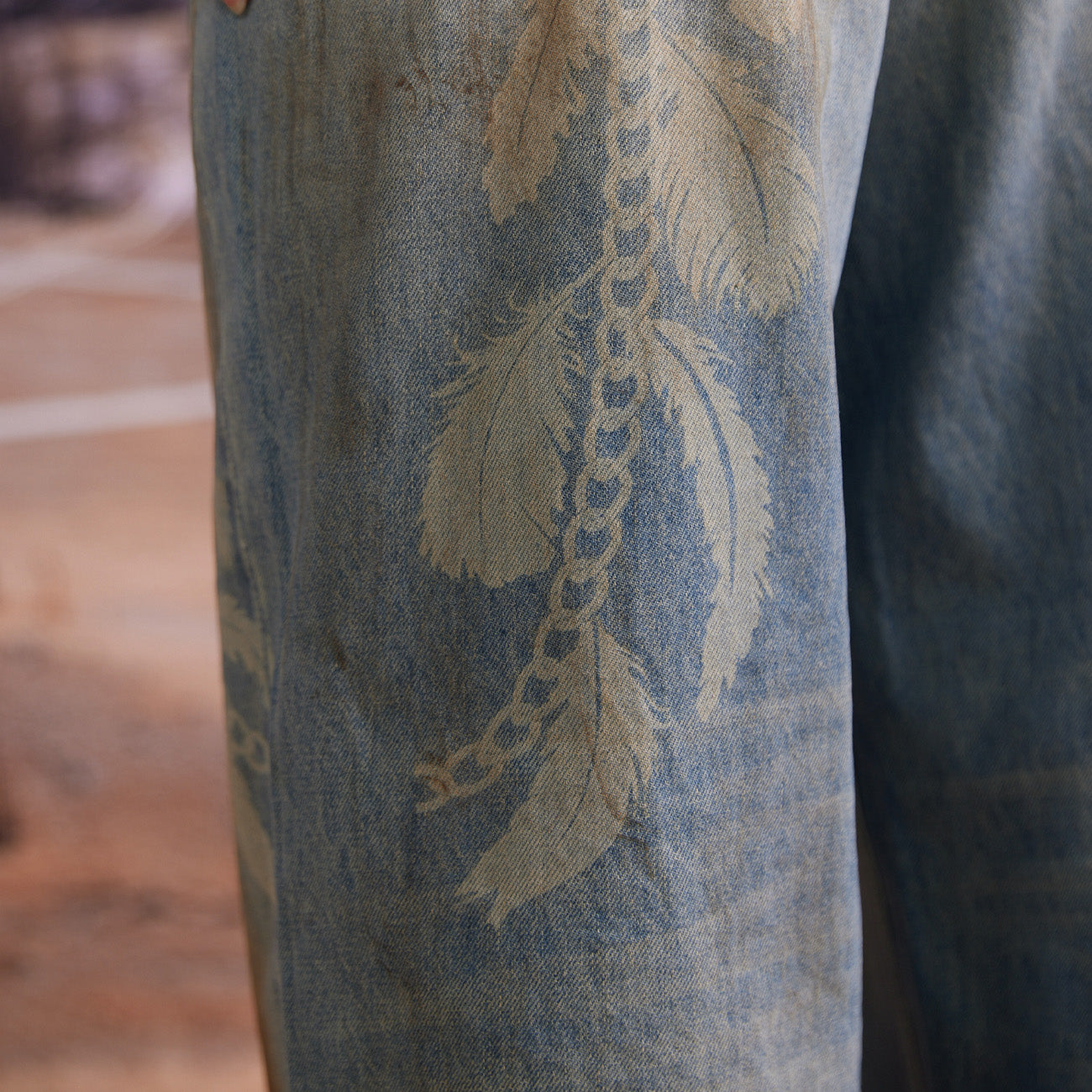 BURNIN "EASTERN COWBOY" FEATHER PRINT DIRTY WASHED DENIM LONG PANTS - PSYLOS 1, BURNIN "EASTERN COWBOY" FEATHER PRINT DIRTY WASHED DENIM LONG PANTS, Pants, Burnin, PSYLOS 1