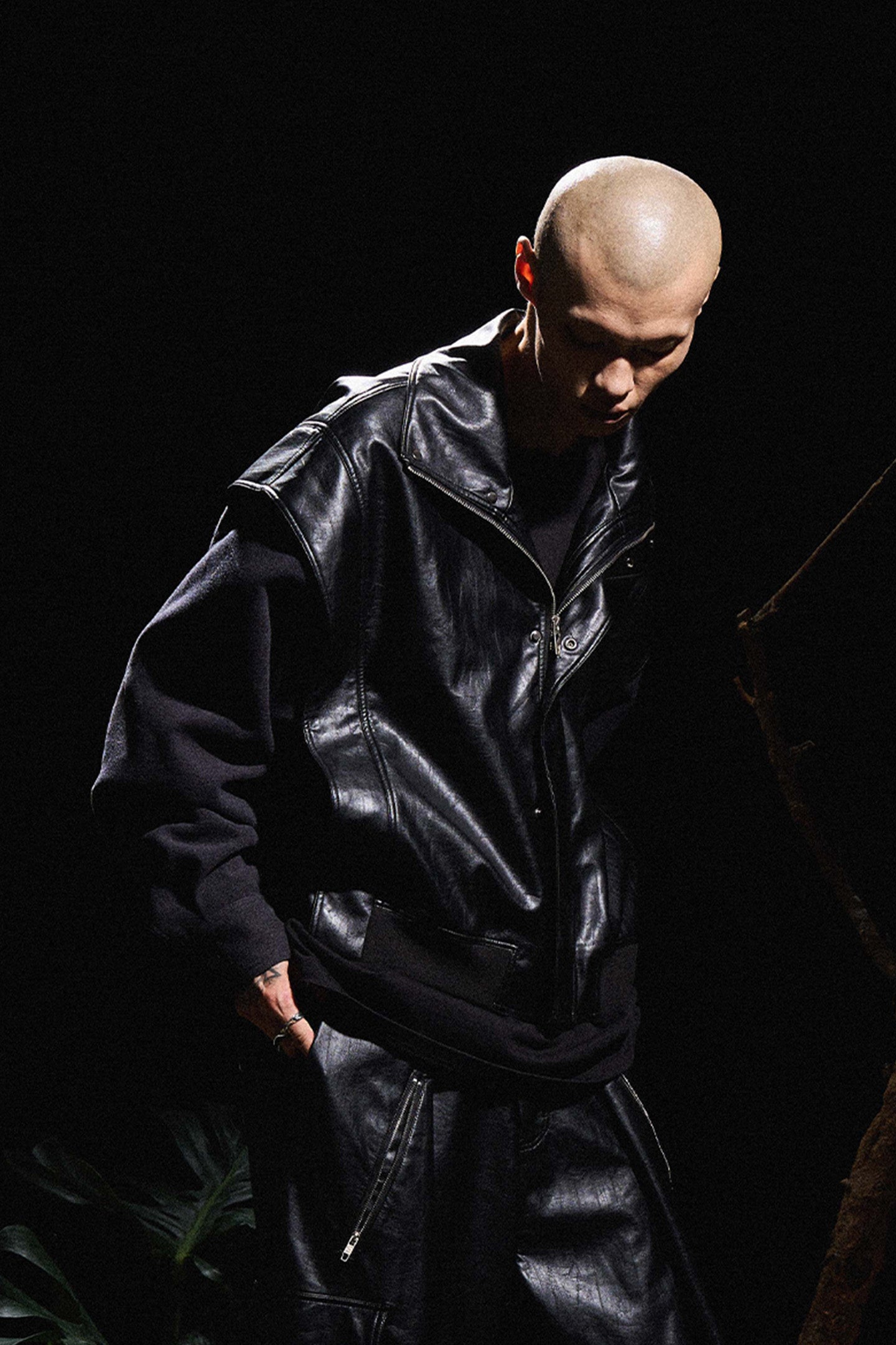 Deconstructed Oversized Leather Jacket with Semi-High Collar