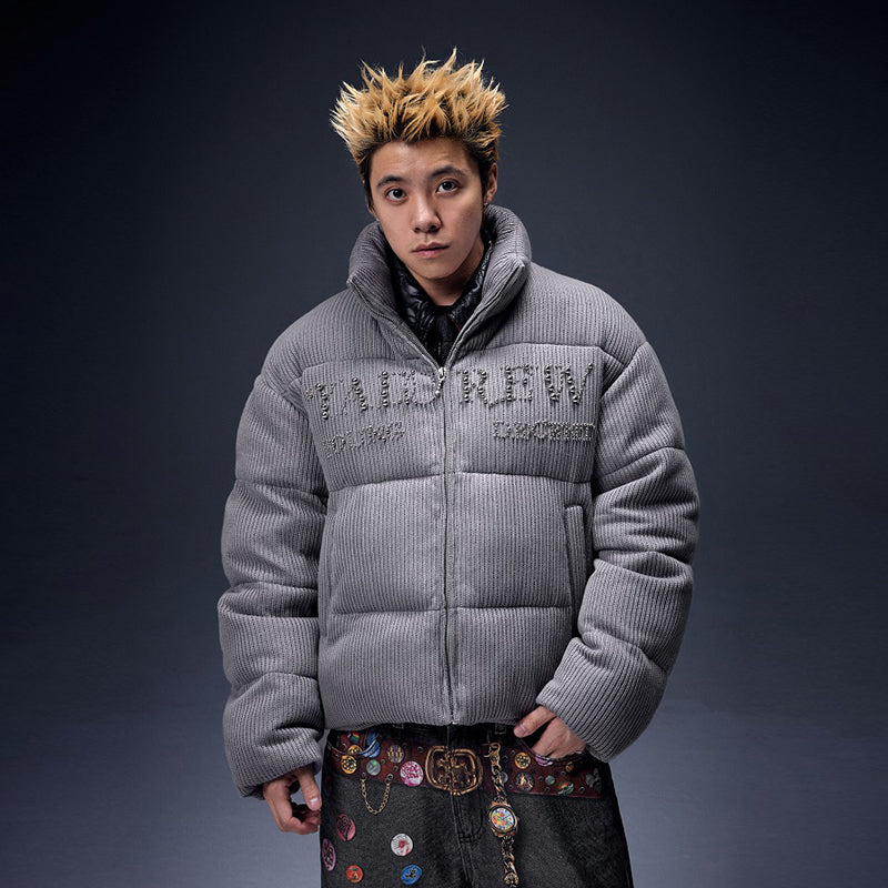 YADcrew丨Electroplated Pearl Slogan Woolen Stand-Up Collar Thickened Cotton Jacket - PSYLOS 1, YADcrew丨Electroplated Pearl Slogan Woolen Stand-Up Collar Thickened Cotton Jacket, Jacket, YADcrew•JAPAN, PSYLOS 1