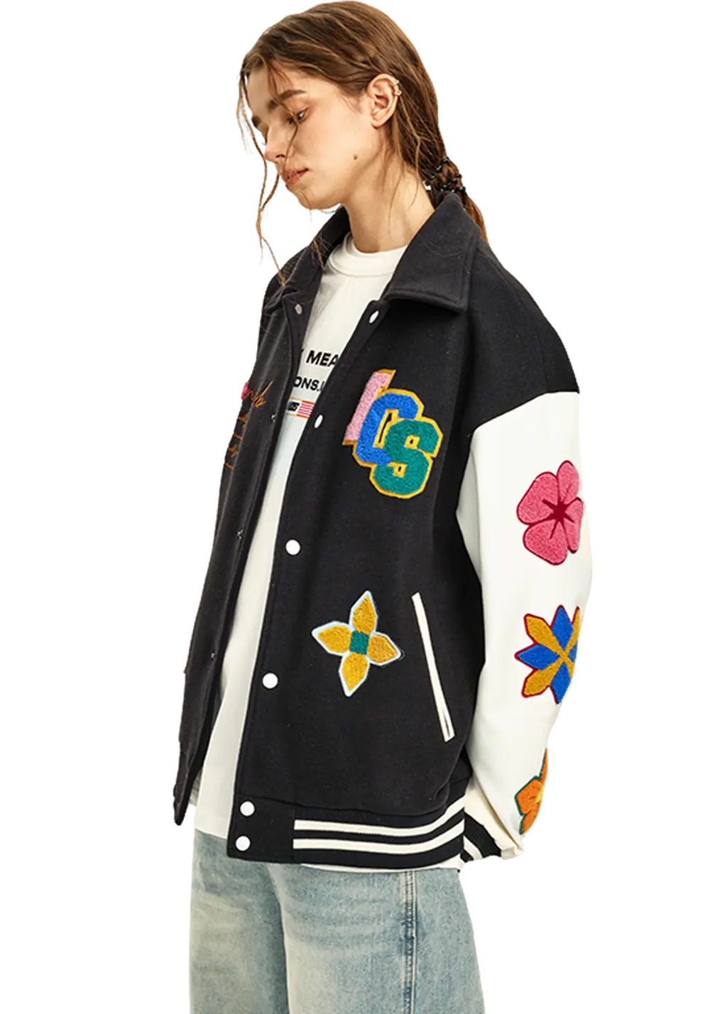 Flower Contrast Lapel Baseball Jersey - PSYLOS 1, Flower Contrast Lapel Baseball Jersey, Jacket, iconslab, PSYLOS 1