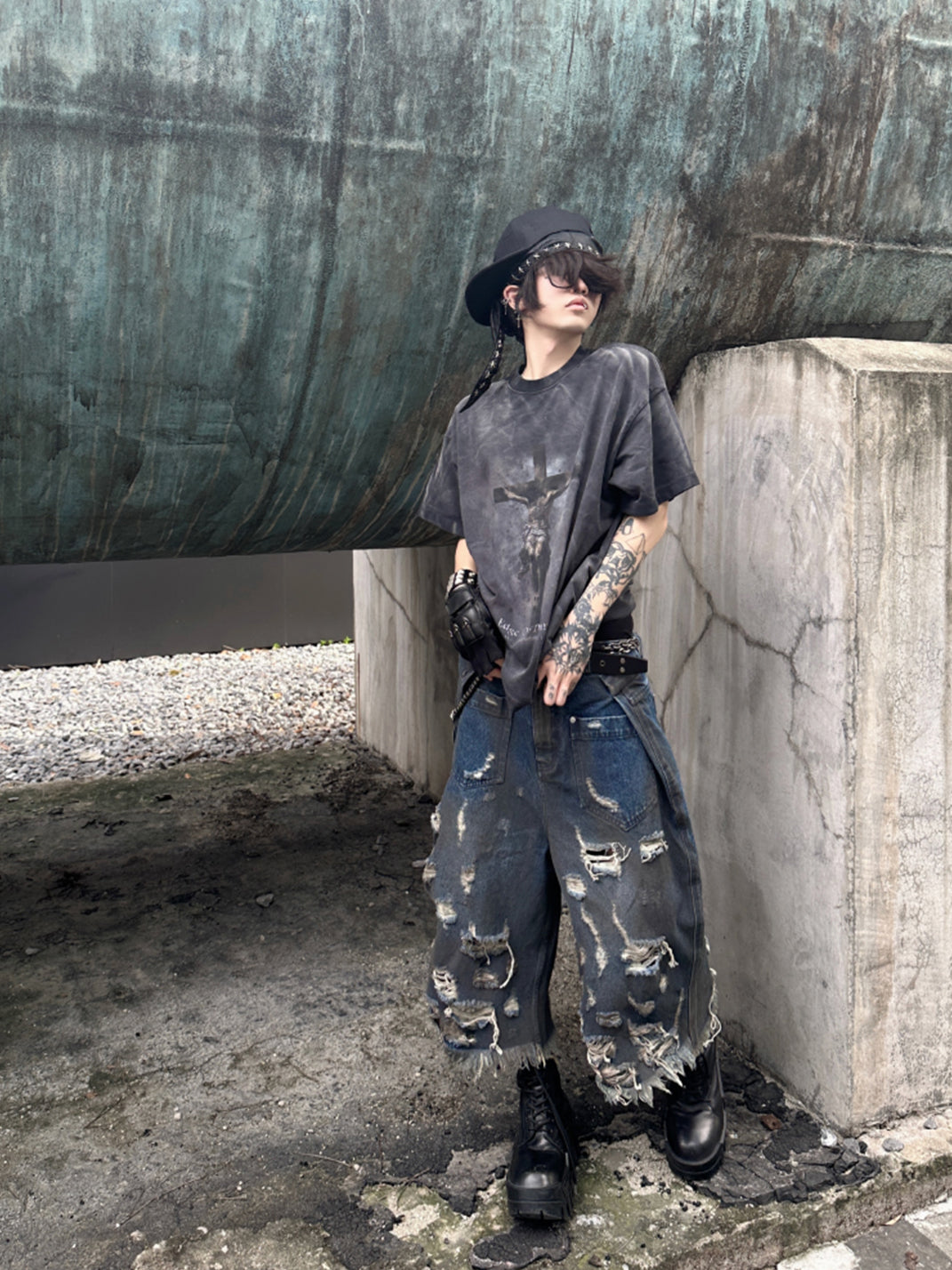 GOJOYJINNI | Washed Pleated Distressed Cropped Jeans - PSYLOS 1, GOJOYJINNI | Washed Pleated Distressed Cropped Jeans, Jeans, GOJOYJINNI, PSYLOS 1