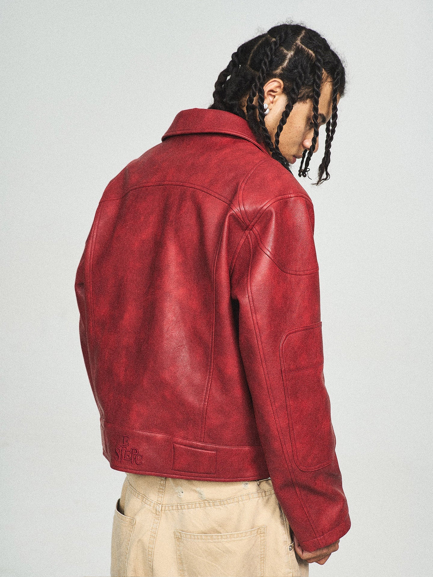 STEEPC Distressed Blur Washed Burgundy Red Short Wide Leather Jacket