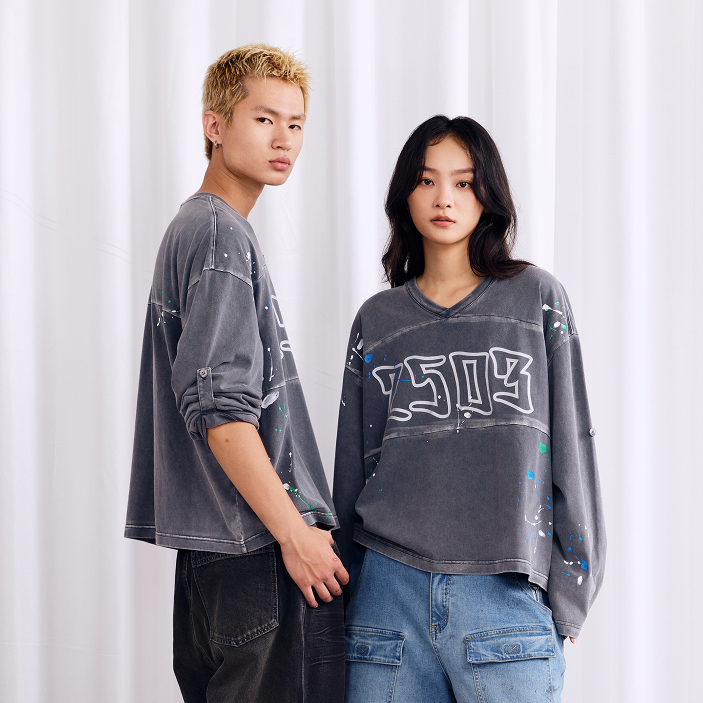 BURNIN* "2503" v-neck splash-ink retro old washed T-shirt - PSYLOS 1, BURNIN* "2503" v-neck splash-ink retro old washed T-shirt, T-Shirt, Burnin, PSYLOS 1