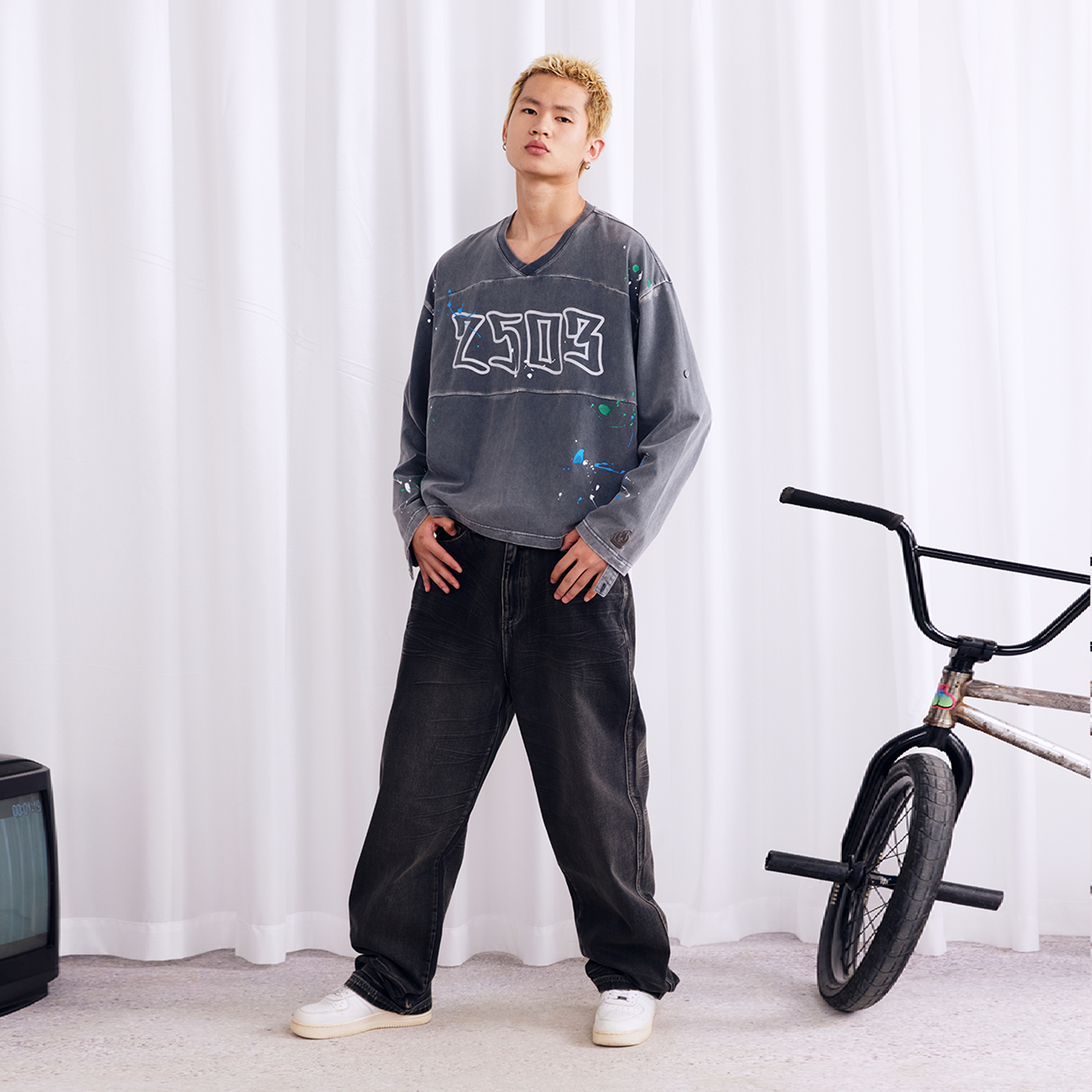 BURNIN* "2503" v-neck splash-ink retro old washed T-shirt - PSYLOS 1, BURNIN* "2503" v-neck splash-ink retro old washed T-shirt, T-Shirt, Burnin, PSYLOS 1