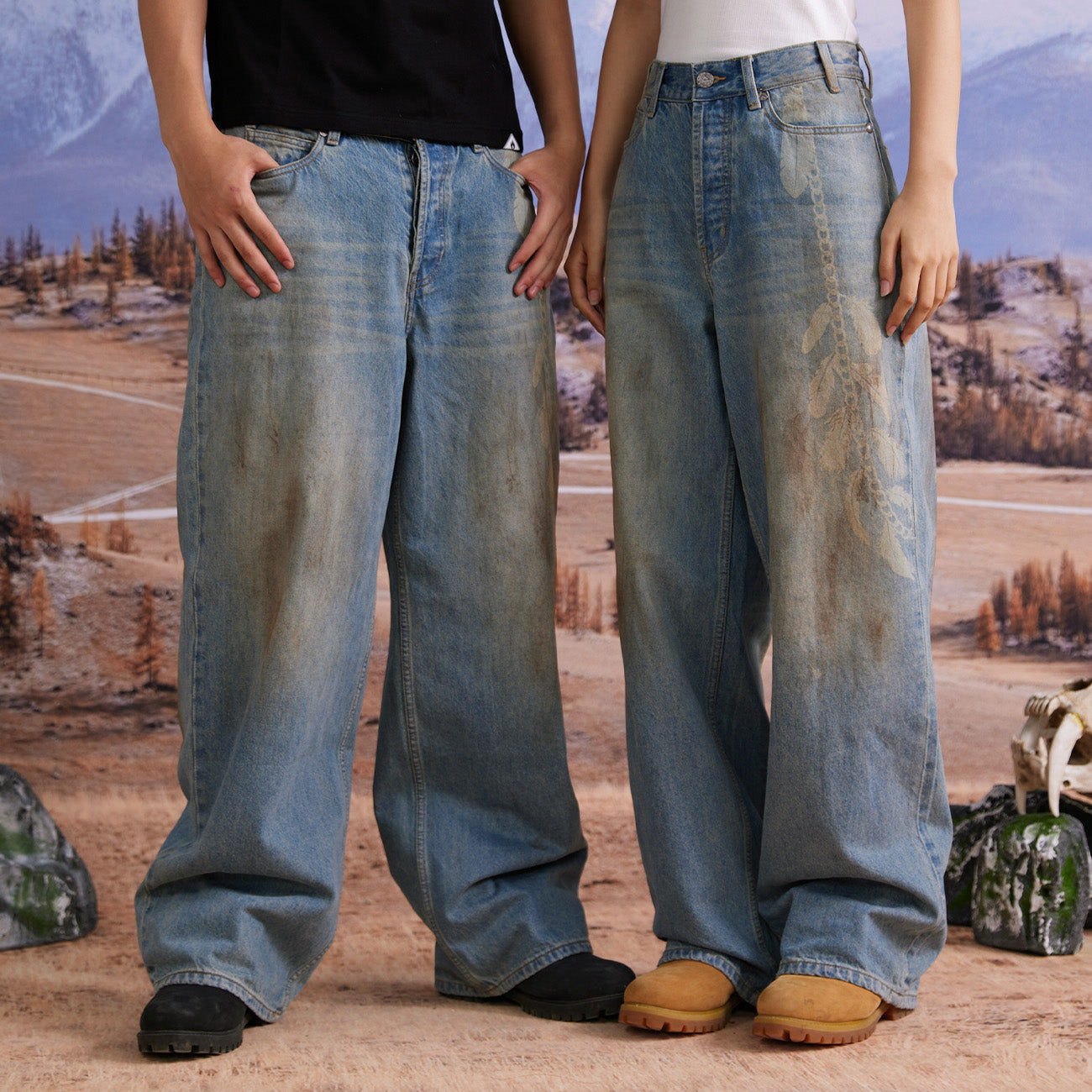 BURNIN "EASTERN COWBOY" FEATHER PRINT DIRTY WASHED DENIM LONG PANTS - PSYLOS 1, BURNIN "EASTERN COWBOY" FEATHER PRINT DIRTY WASHED DENIM LONG PANTS, Pants, Burnin, PSYLOS 1