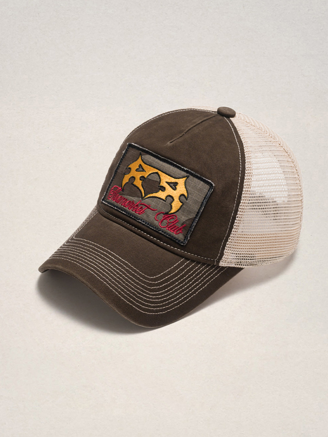 FLEAMARKET | Color Block Patchwork Curve Brim Trucker Hat - PSYLOS 1, FLEAMARKET | Color Block Patchwork Curve Brim Trucker Hat, Hats, FLEAMARKET, PSYLOS 1