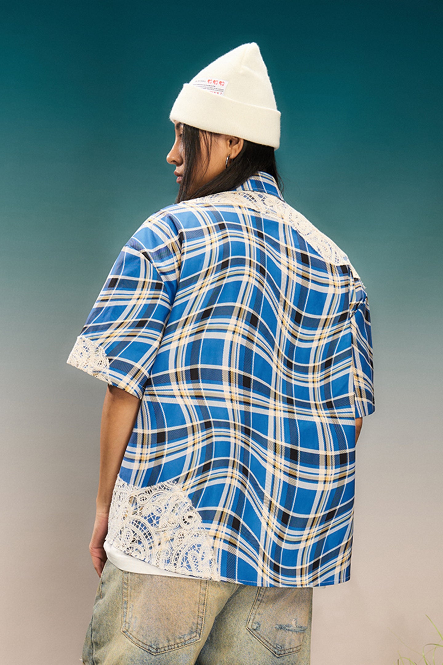 YADcrew | Plaid Lace Stitching Trendy Loose Short-Sleeved Shirt - PSYLOS 1, YADcrew | Plaid Lace Stitching Trendy Loose Short-Sleeved Shirt, Shirts, YADcrew•JAPAN, PSYLOS 1