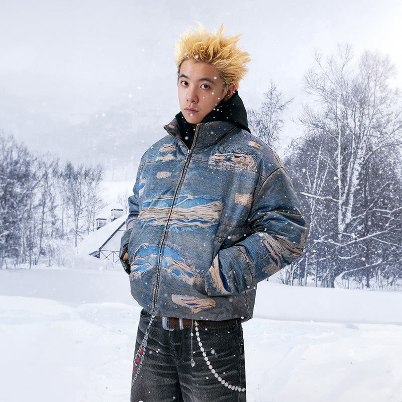 YADcrew丨“Ragged Oil” Ragged Printed Denim White Duck Down Jacket - PSYLOS 1, YADcrew丨“Ragged Oil” Ragged Printed Denim White Duck Down Jacket, Down Jacket, YADcrew•JAPAN, PSYLOS 1