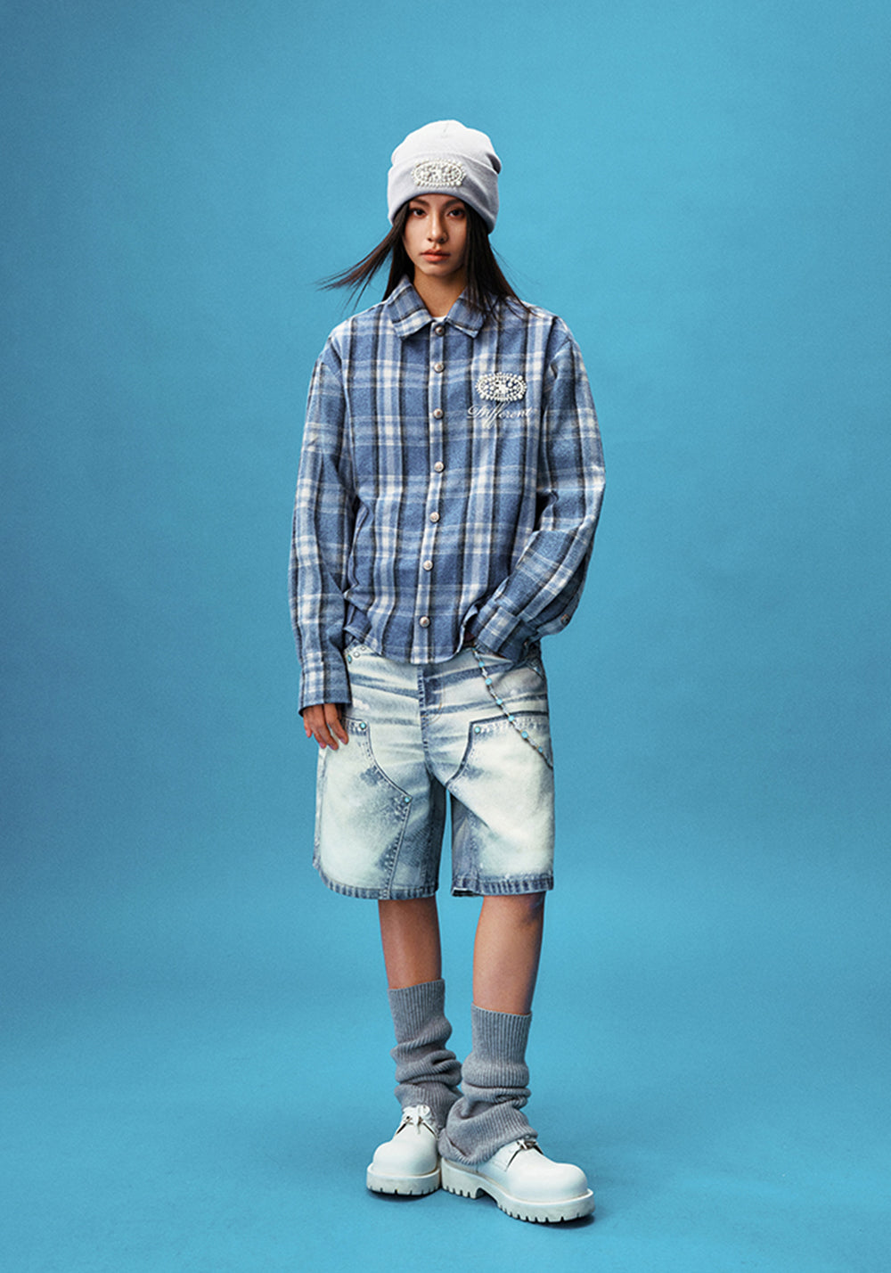 YADcrew丨Embroidered Pearl Slogan Plaid Shirt - PSYLOS 1, YADcrew丨Embroidered Pearl Slogan Plaid Shirt, Shirts, YADcrew•JAPAN, PSYLOS 1