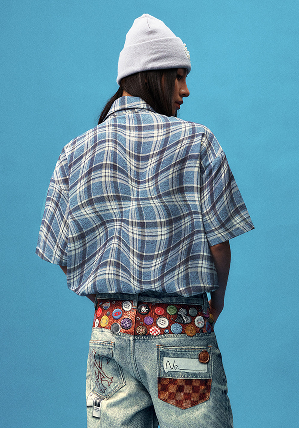 YADcrew丨Denim Textured Distressed Plaid Short Sleeve Shirt - PSYLOS 1, YADcrew丨Denim Textured Distressed Plaid Short Sleeve Shirt, Shirts, YADcrew•JAPAN, PSYLOS 1