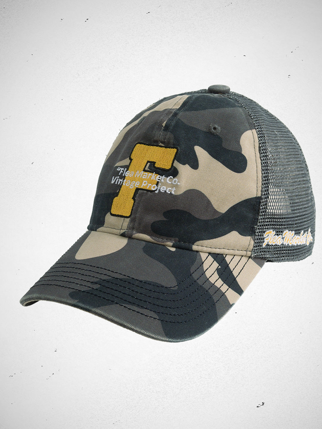 FLEAMARKET | Camo "F" Curve Brim Trucker Hat - PSYLOS 1, FLEAMARKET | Camo "F" Curve Brim Trucker Hat, Hats, FLEAMARKET, PSYLOS 1