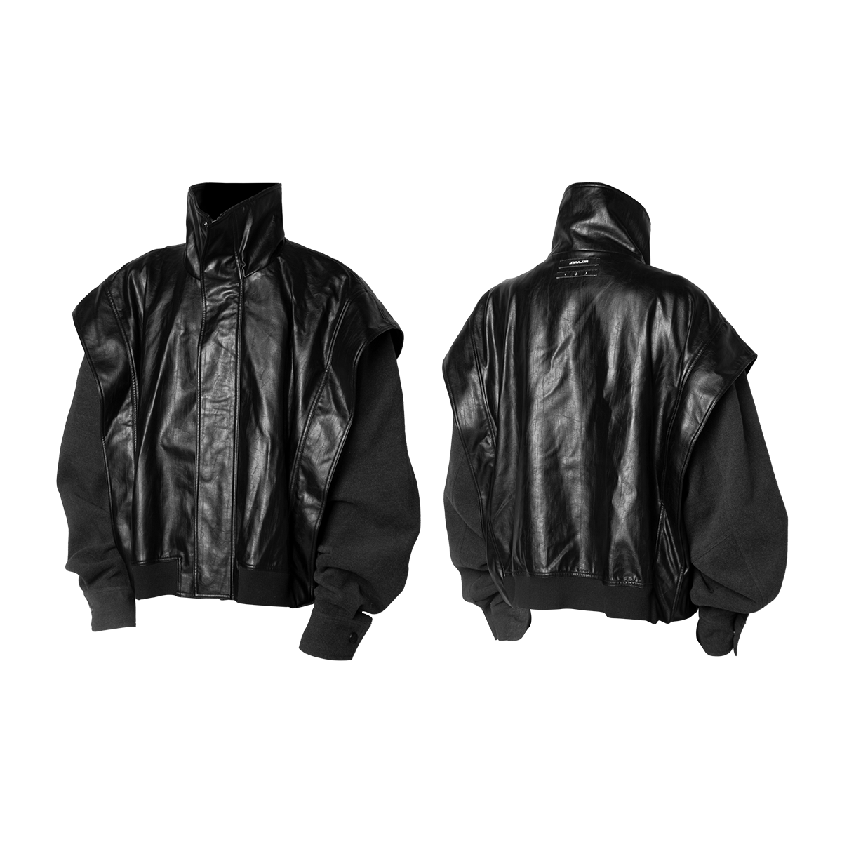 Deconstructed Oversized Leather Jacket with Semi-High Collar