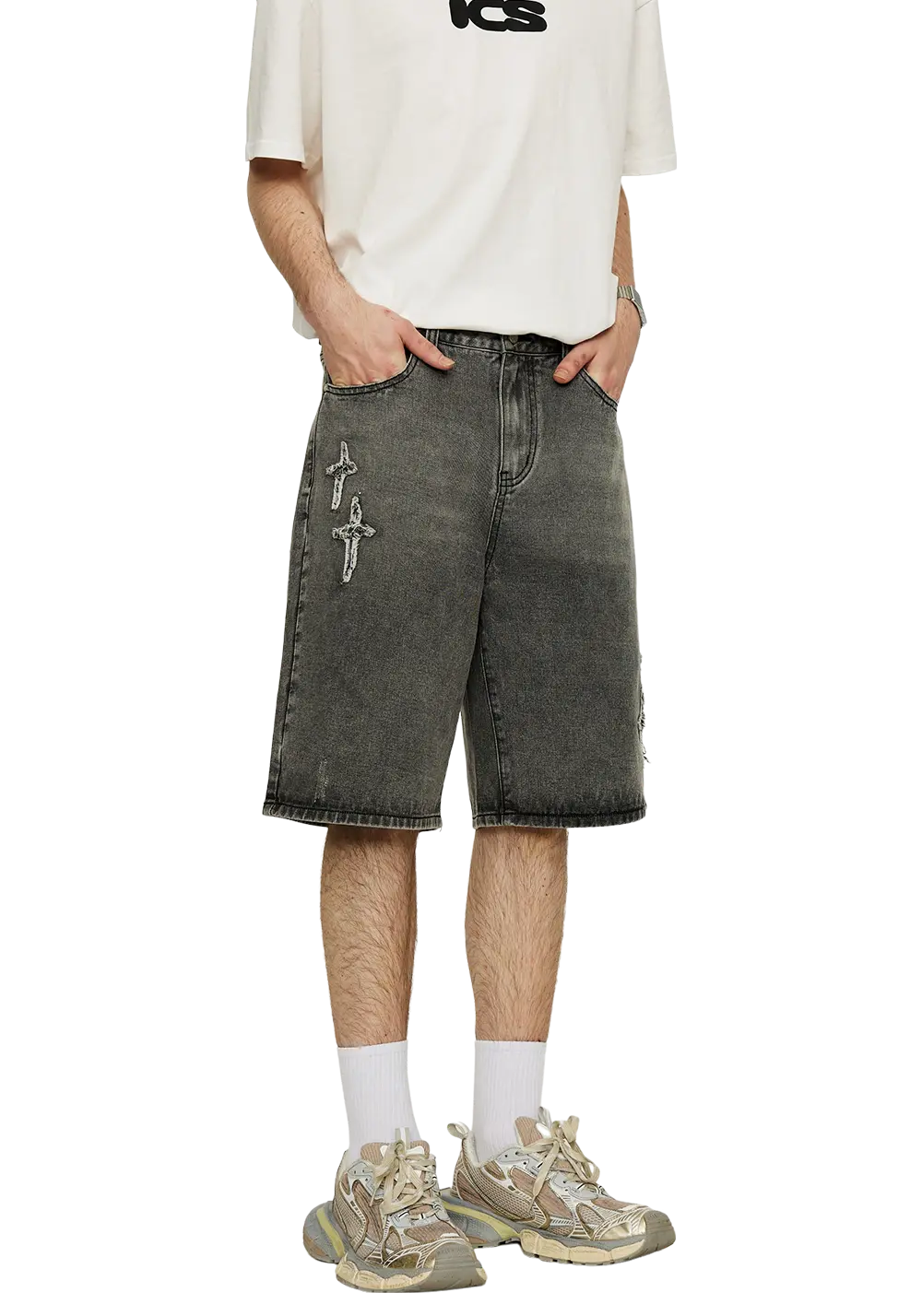 Patchwork Cross Star Embroidered Denim Shorts - PSYLOS 1, Patchwork Cross Star Embroidered Denim Shorts, Shorts, iconslab, PSYLOS 1