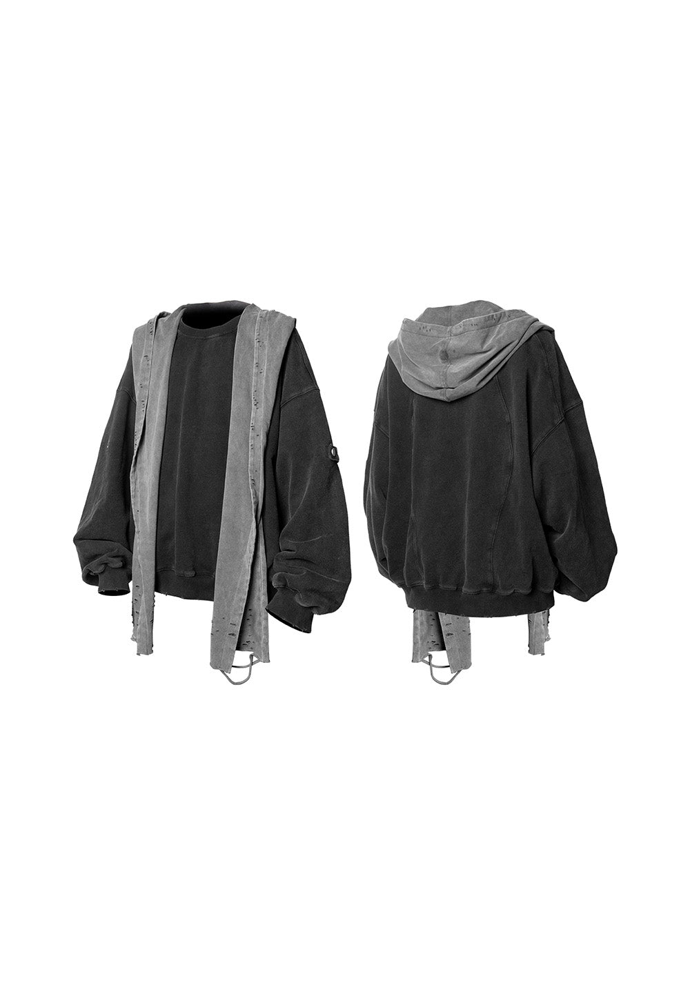 RELABEL丨Three-Dimensional Construction (Carving) Detachable Distressed Hood Washed Deep Gray Multi-Way Crewneck Sweatshirt - PSYLOS 1, RELABEL丨Three-Dimensional Construction (Carving) Detachable Distressed Hood Washed Deep Gray Multi-Way Crewneck Sweatshirt, Hoodie, RELABEL, PSYLOS 1