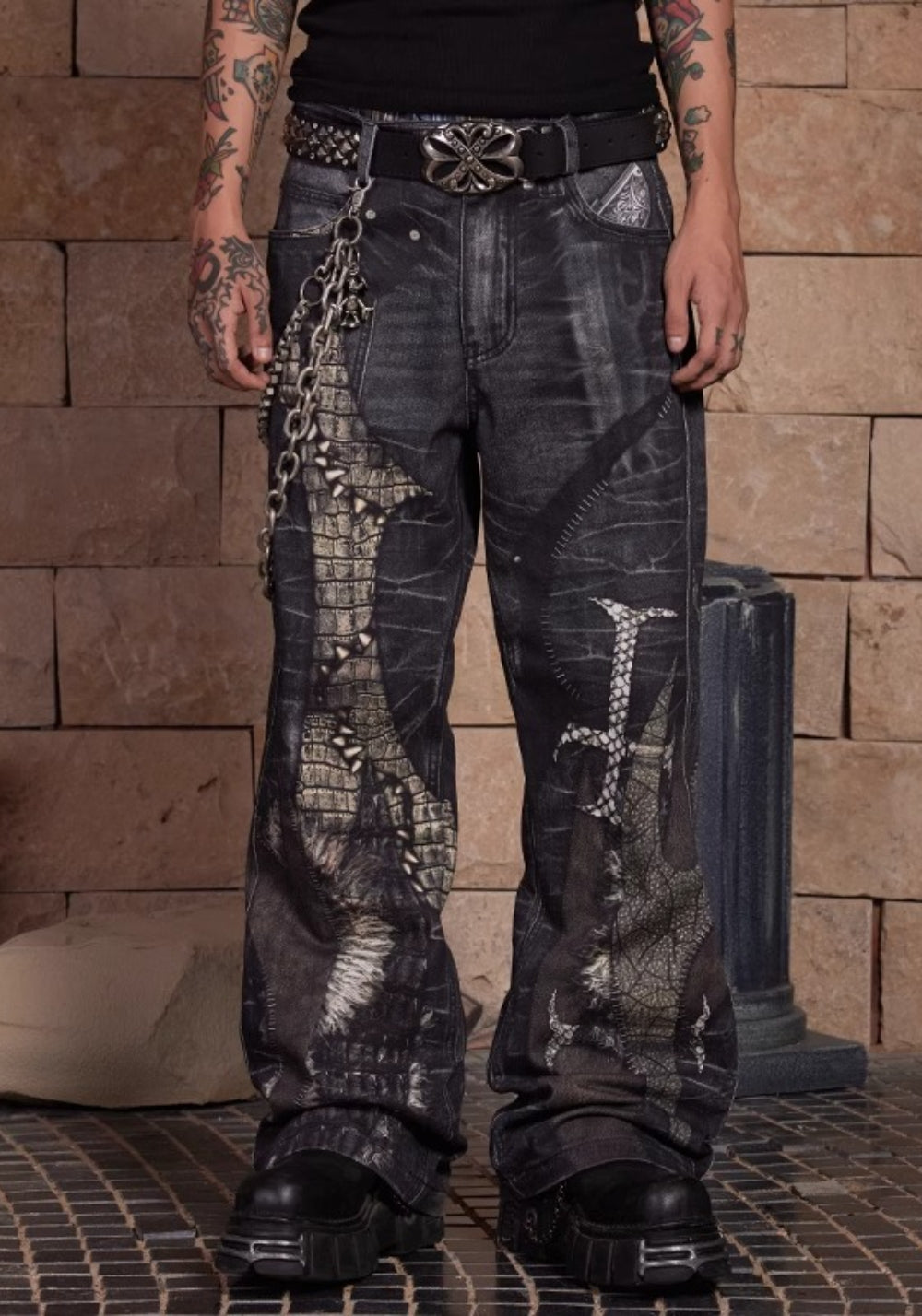 DND4DES丨Print Faux Leather Patch Denim Jeans - PSYLOS 1, DND4DES丨Print Faux Leather Patch Denim Jeans, Pants, DND4DES•JAPAN, PSYLOS 1