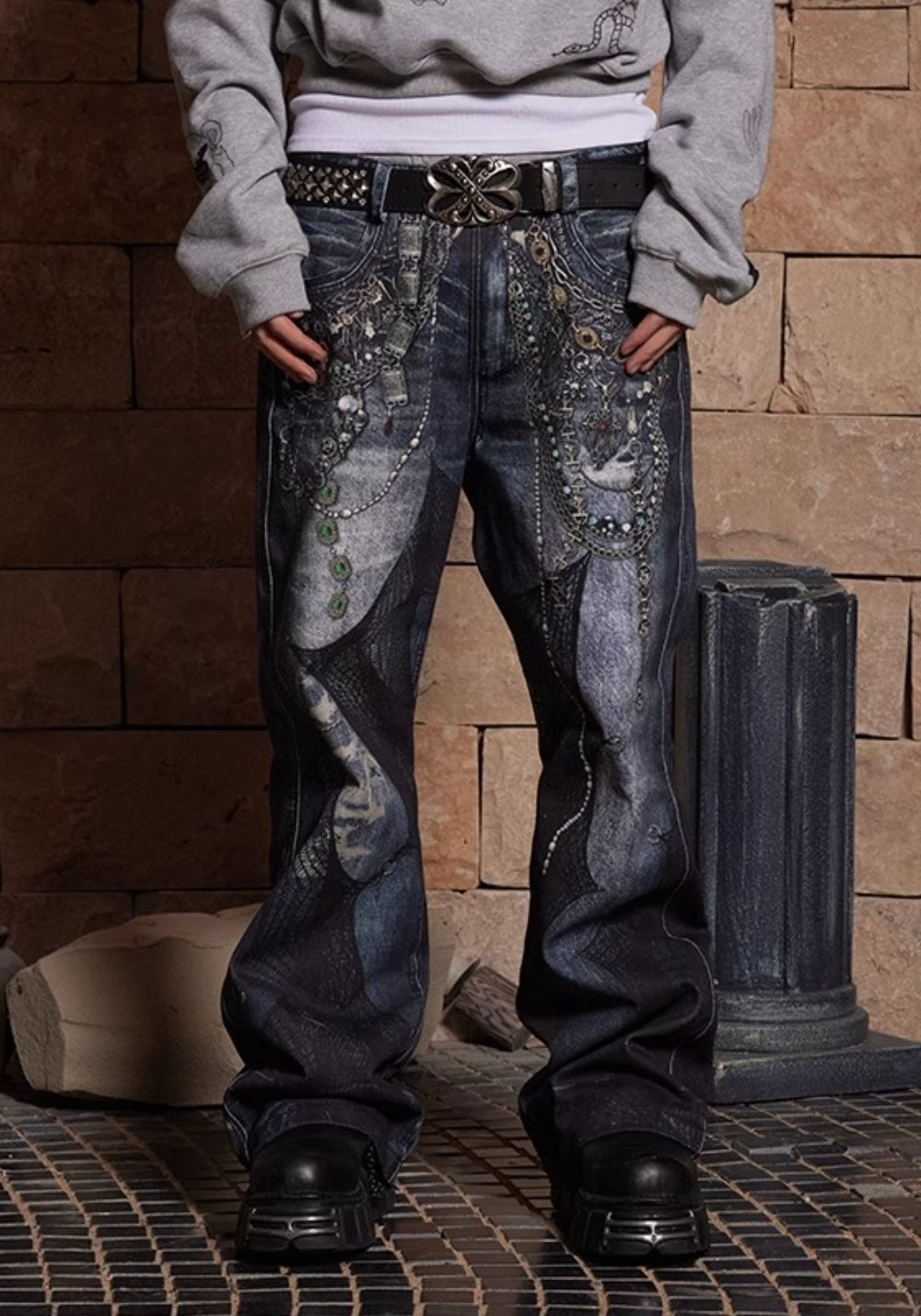 DND4DES丨All-Over Lace Print Chain Denim Jeans - PSYLOS 1, DND4DES丨All-Over Lace Print Chain Denim Jeans, Pants, DND4DES•JAPAN, PSYLOS 1