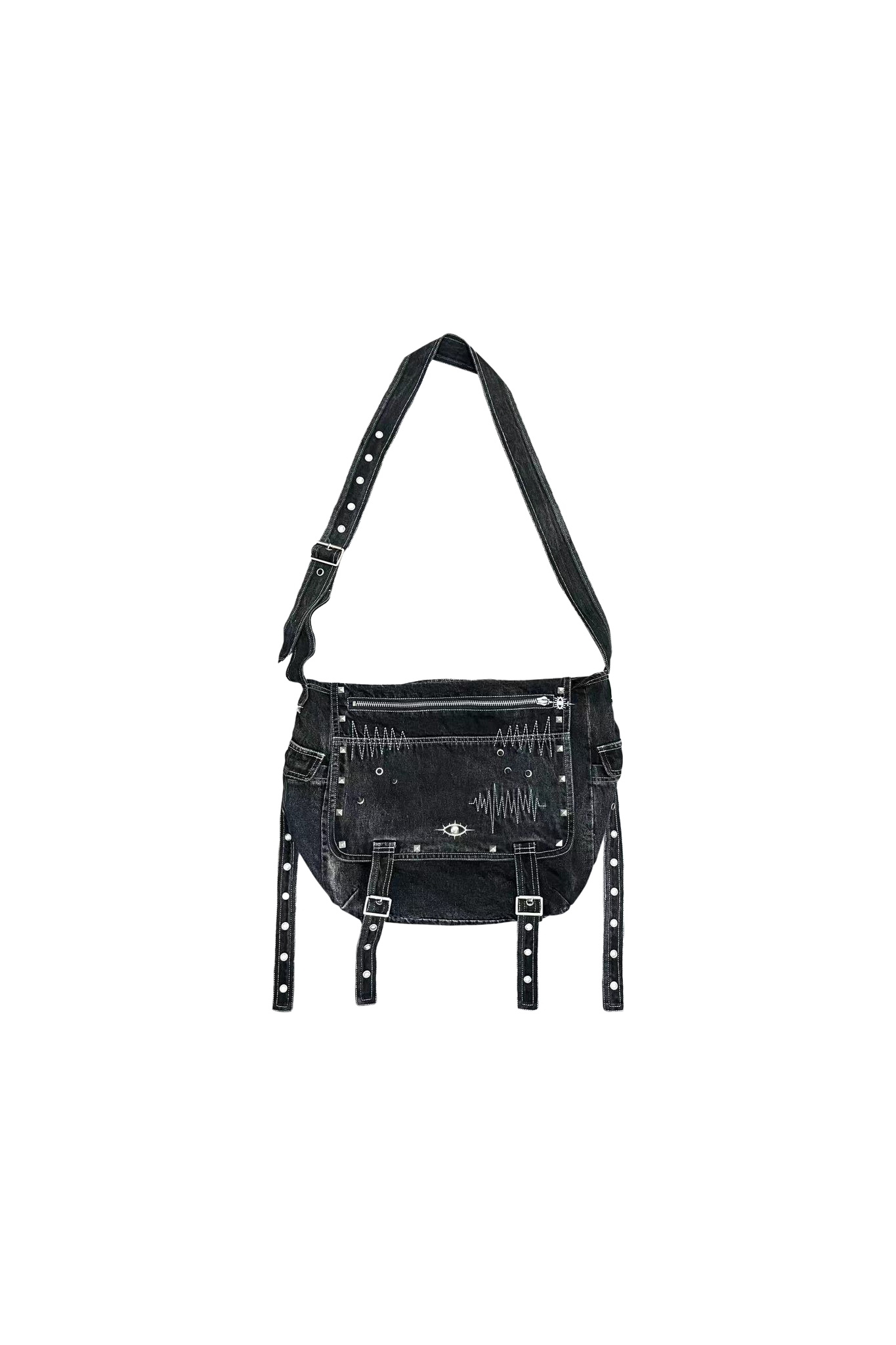 Washed Distressed Rivet Zipper Embroidery Crossbody Denim Bag