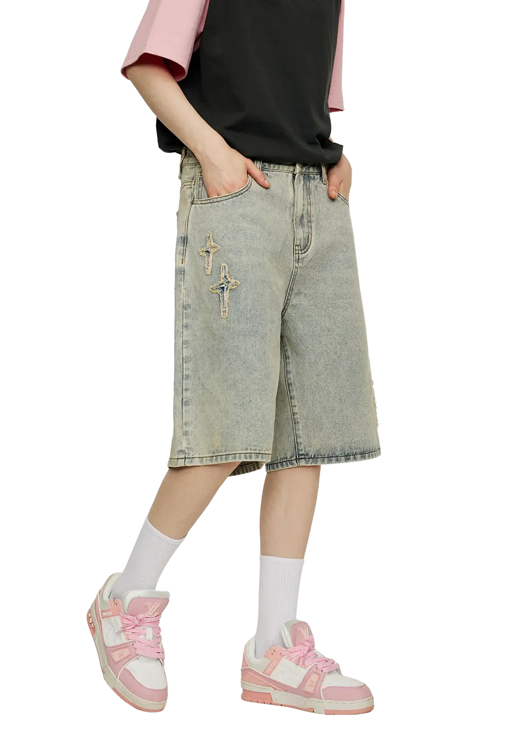 Patchwork Cross Star Embroidered Denim Shorts - PSYLOS 1, Patchwork Cross Star Embroidered Denim Shorts, Shorts, iconslab, PSYLOS 1