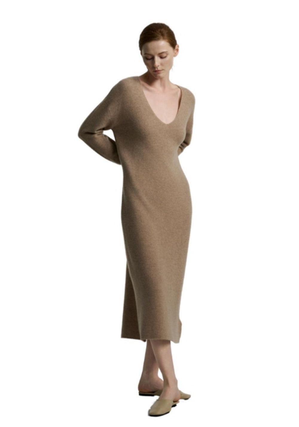 CASHMERE V-Neck Cocoon Cashmere Dress -Flower Camel