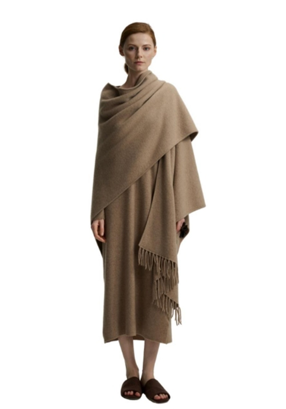 CASHMERE Cashmere Handmade Fringed Shawl -Flower Camel