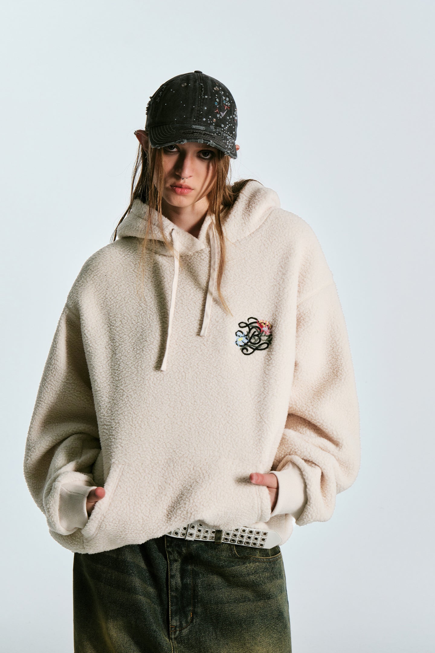 BEASTER Embroidered Faux Lambswool Hooded Sweatshirt