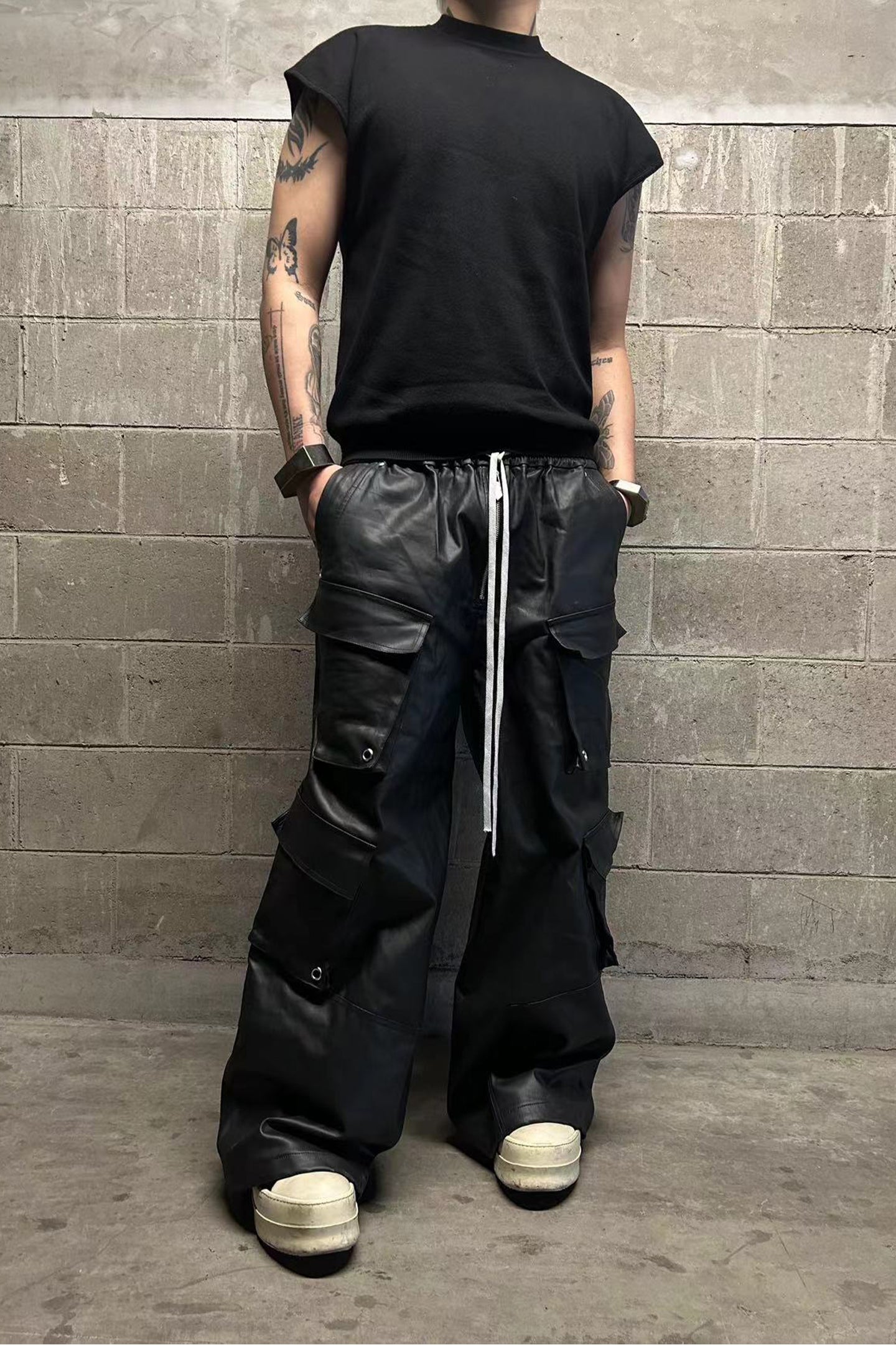 Disark Waxed Denim Pocket Wide-leg Pants