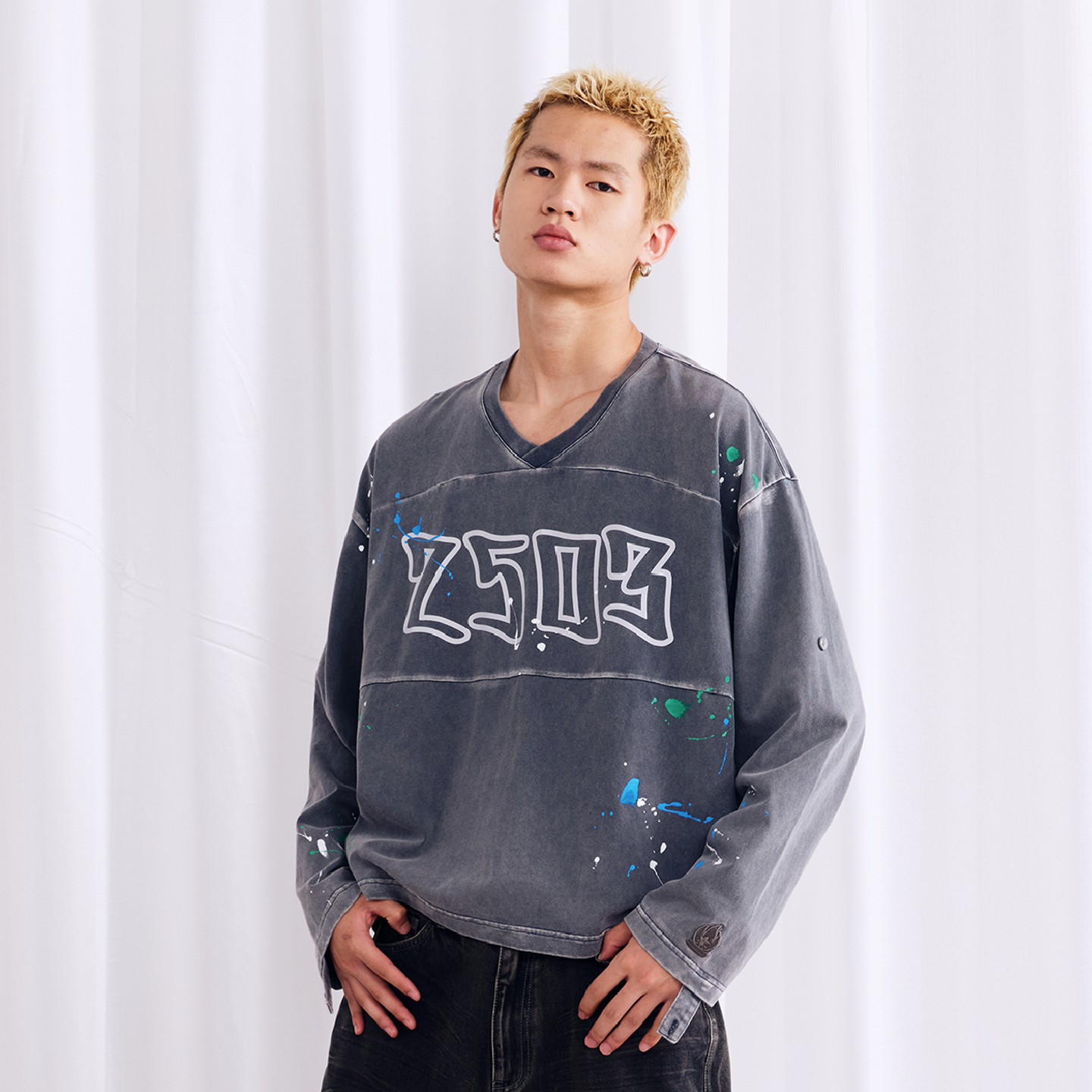 BURNIN* "2503" v-neck splash-ink retro old washed T-shirt - PSYLOS 1, BURNIN* "2503" v-neck splash-ink retro old washed T-shirt, T-Shirt, Burnin, PSYLOS 1