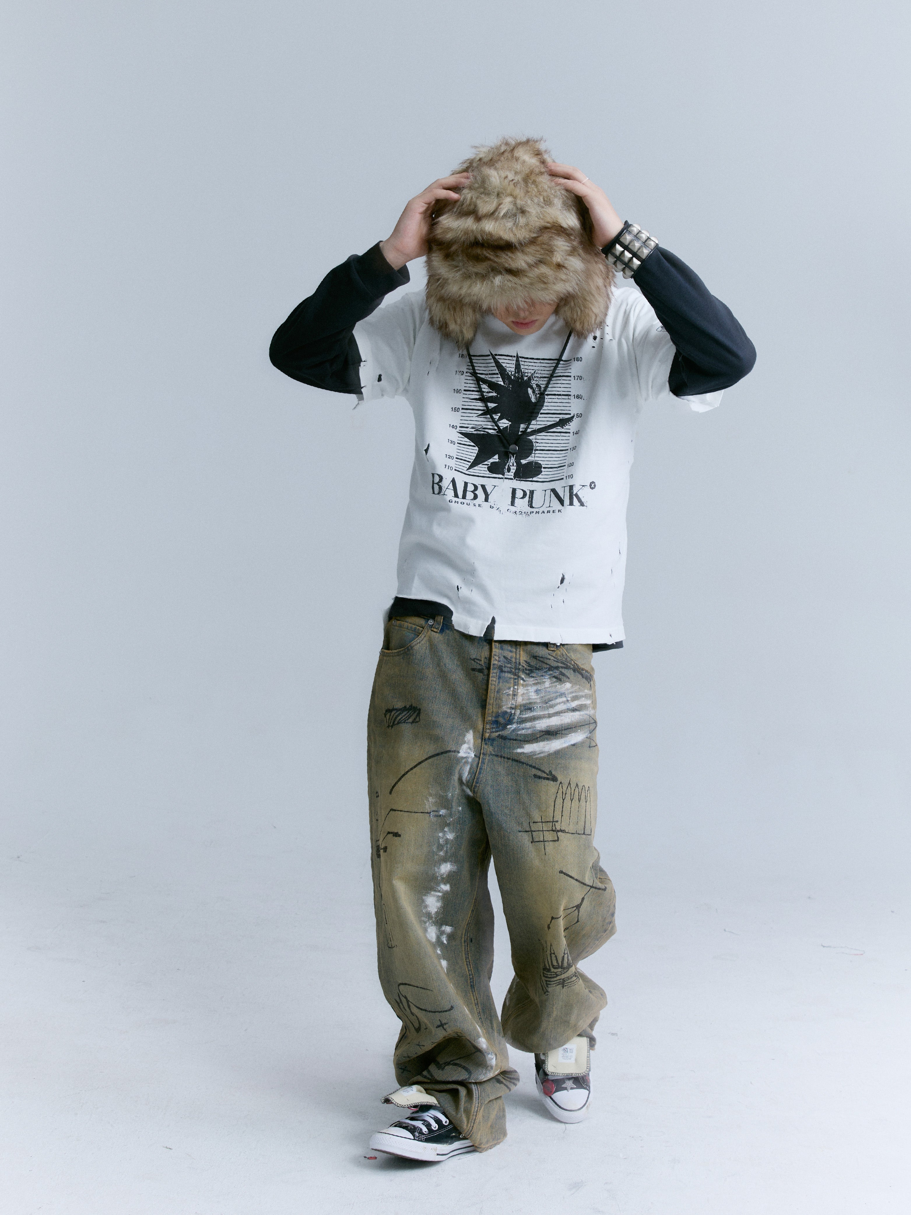 Washed Mud-dyed Graffiti Baggy Jeans