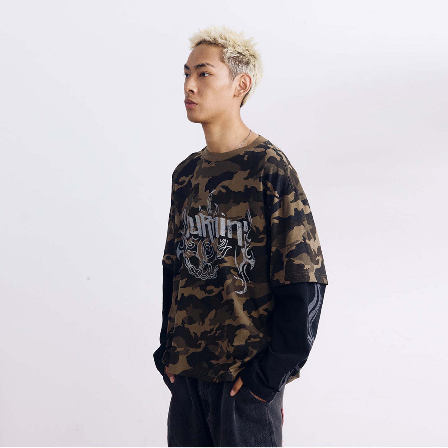 BURNIN* “97’series” worn fire pattern fake two-piece T-shirt - PSYLOS 1, BURNIN* “97’series” worn fire pattern fake two-piece T-shirt, T-Shirt, Burnin, PSYLOS 1