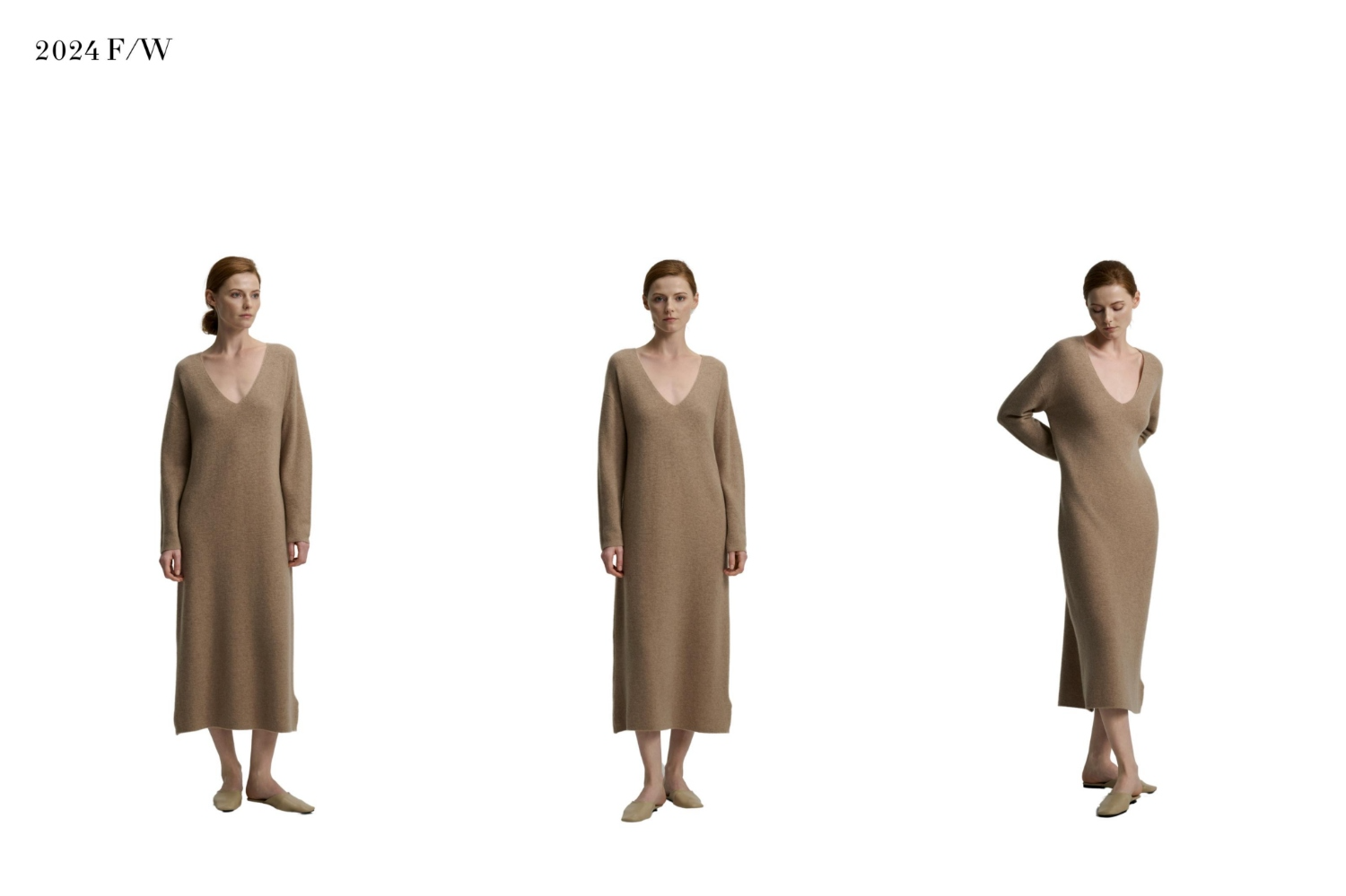 CASHMERE V-Neck Cocoon Cashmere Dress -Flower Camel