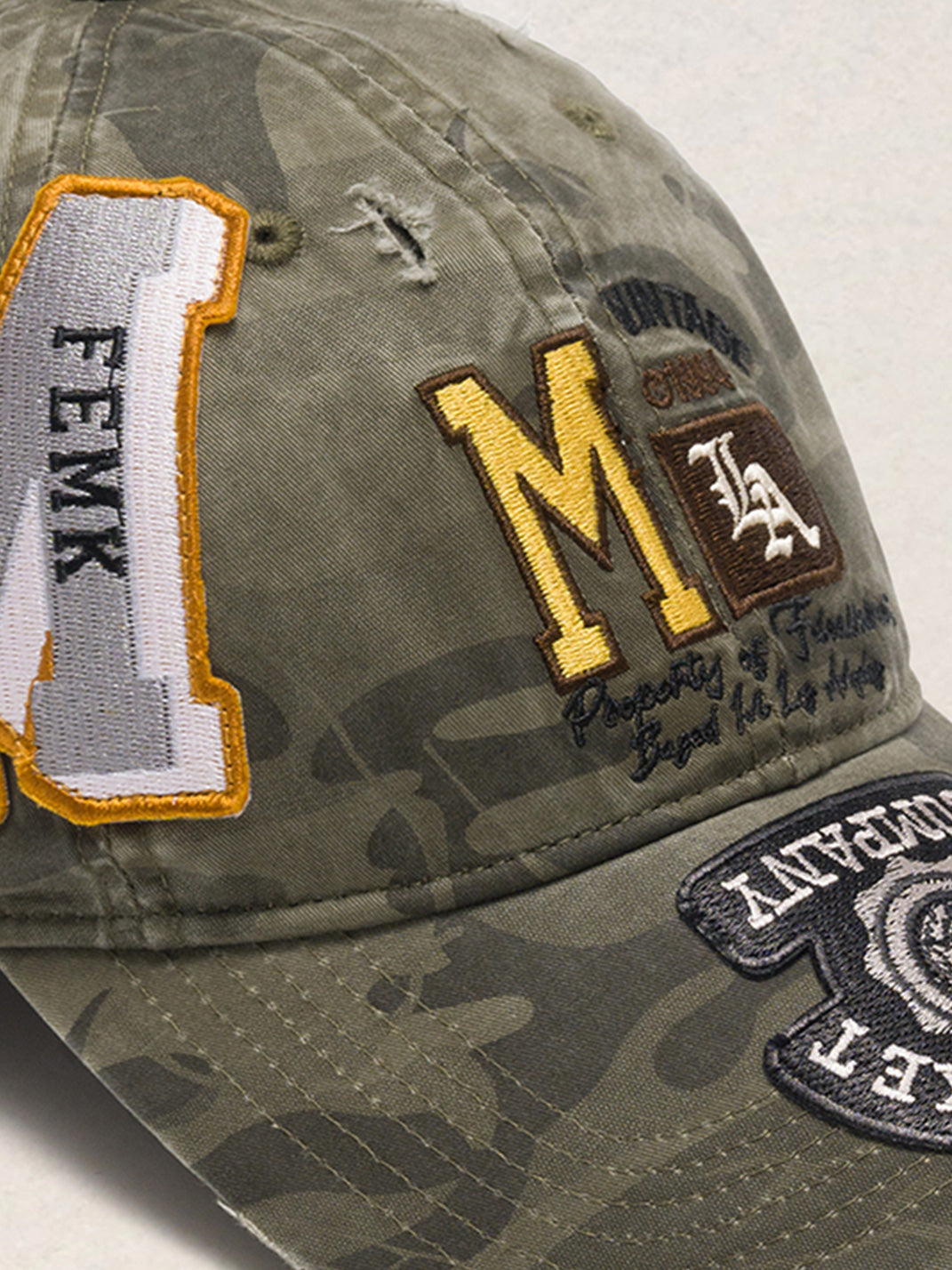 FLEAMARKET | Patchwork "M" Curved Brim Cap - PSYLOS 1, FLEAMARKET | Patchwork "M" Curved Brim Cap, Hats, FLEAMARKET, PSYLOS 1