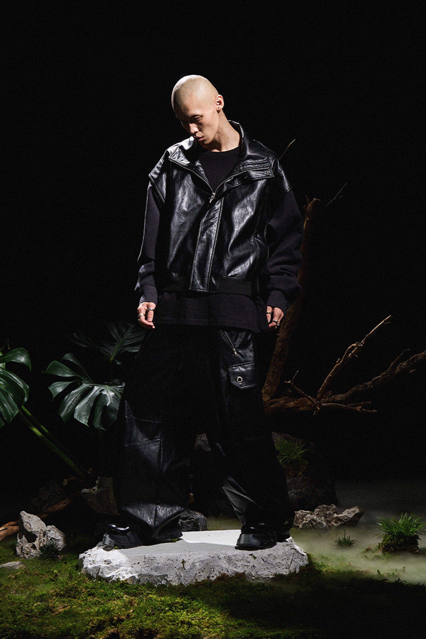 Deconstructed Oversized Leather Jacket with Semi-High Collar