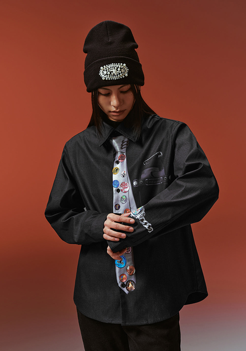 YADcrew丨Egg Print Tie Badge Long Sleeve Shirt - PSYLOS 1, YADcrew丨Egg Print Tie Badge Long Sleeve Shirt, Shirts, YADcrew•JAPAN, PSYLOS 1