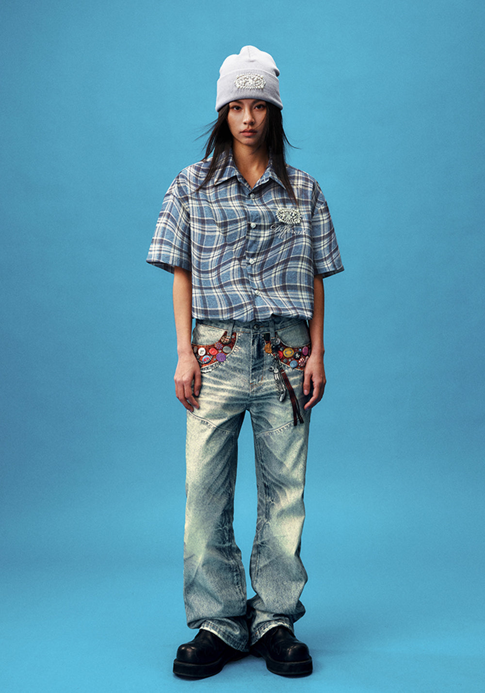 YADcrew丨Denim Textured Distressed Plaid Short Sleeve Shirt - PSYLOS 1, YADcrew丨Denim Textured Distressed Plaid Short Sleeve Shirt, Shirts, YADcrew•JAPAN, PSYLOS 1