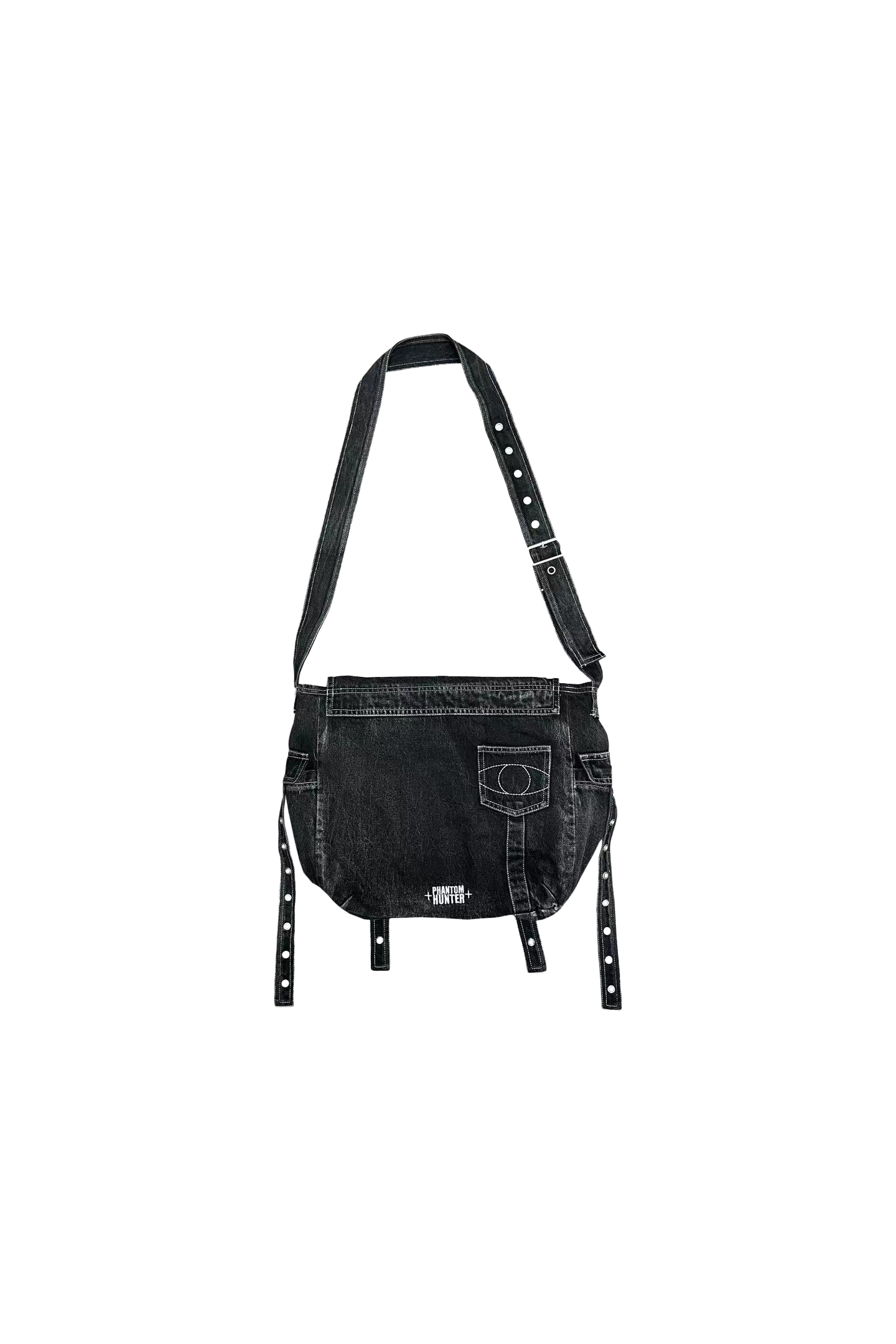 Washed Distressed Rivet Zipper Embroidery Crossbody Denim Bag