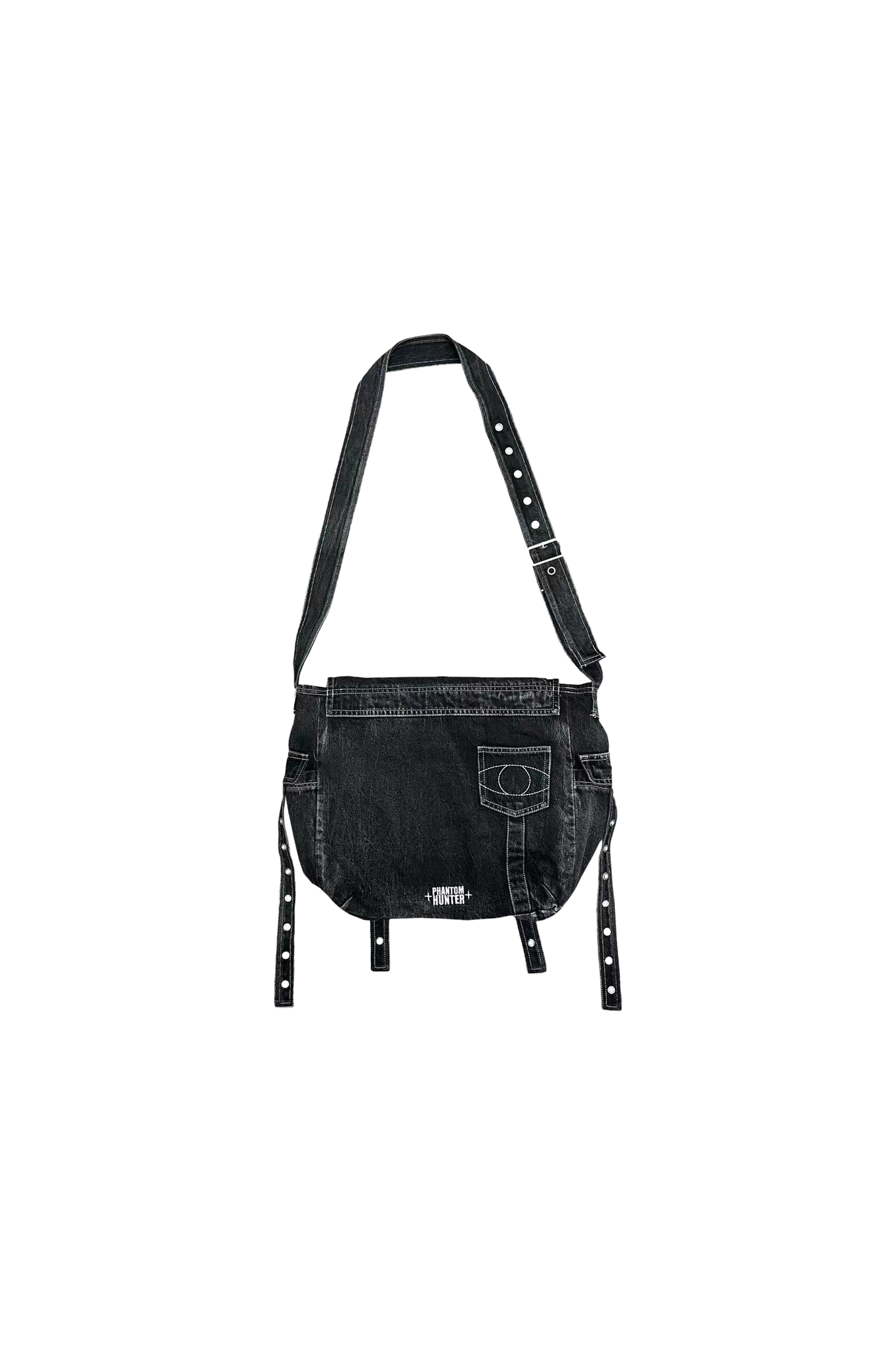 Washed Distressed Rivet Zipper Embroidery Crossbody Denim Bag