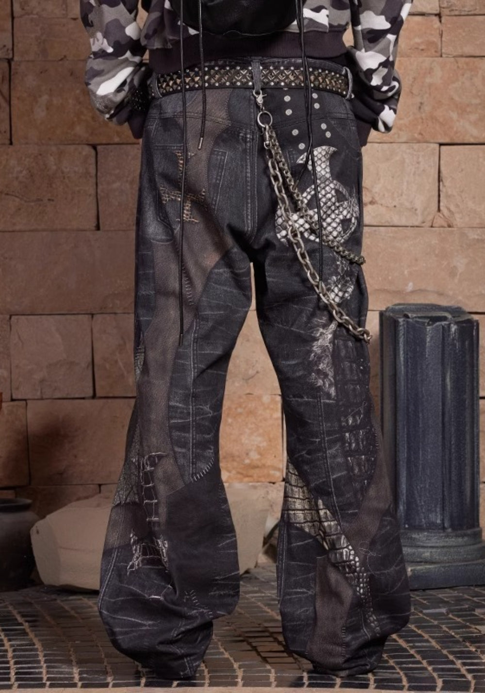 DND4DES丨Print Faux Leather Patch Denim Jeans - PSYLOS 1, DND4DES丨Print Faux Leather Patch Denim Jeans, Pants, DND4DES•JAPAN, PSYLOS 1