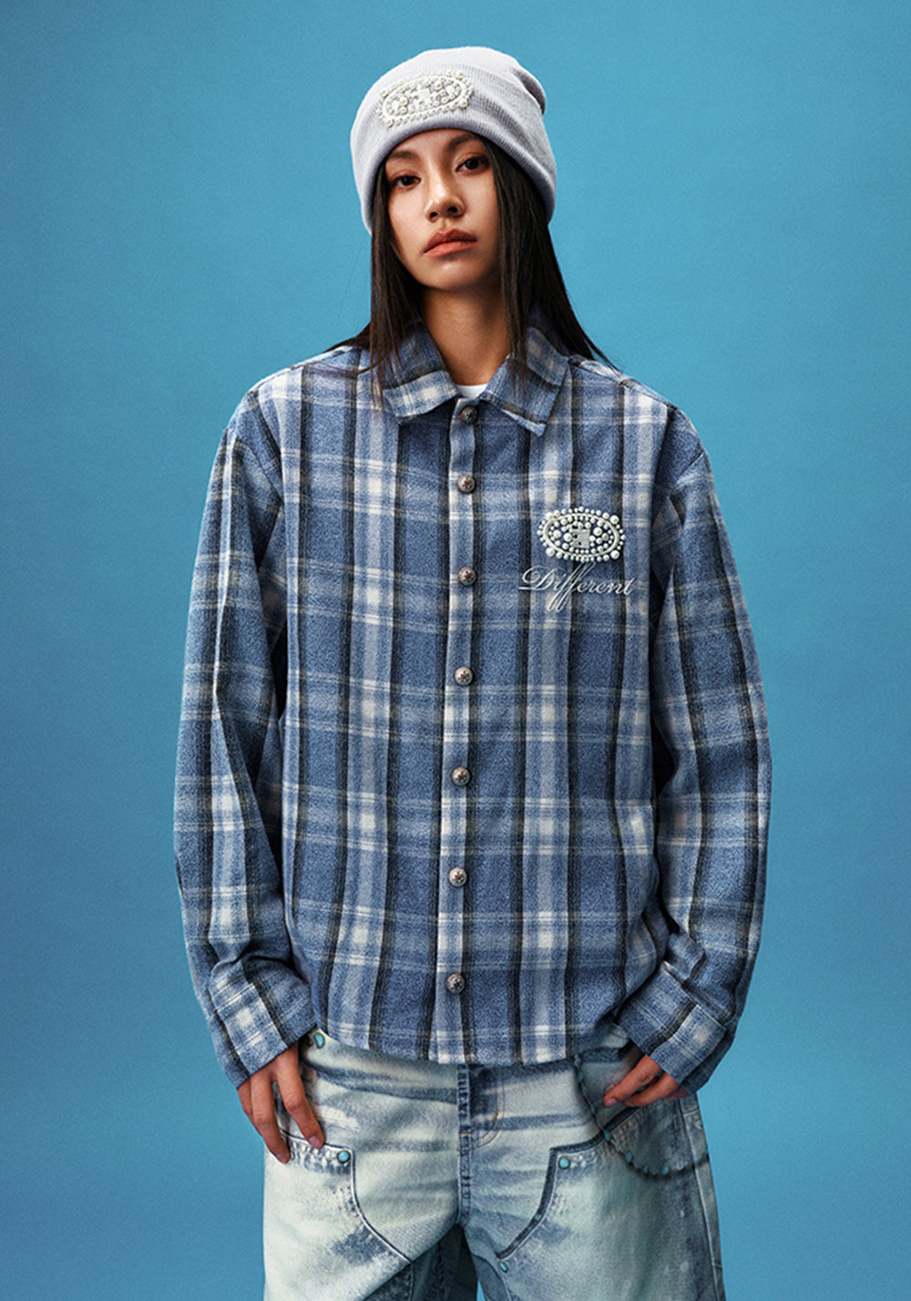 YADcrew丨Embroidered Pearl Slogan Plaid Shirt - PSYLOS 1, YADcrew丨Embroidered Pearl Slogan Plaid Shirt, Shirts, YADcrew•JAPAN, PSYLOS 1