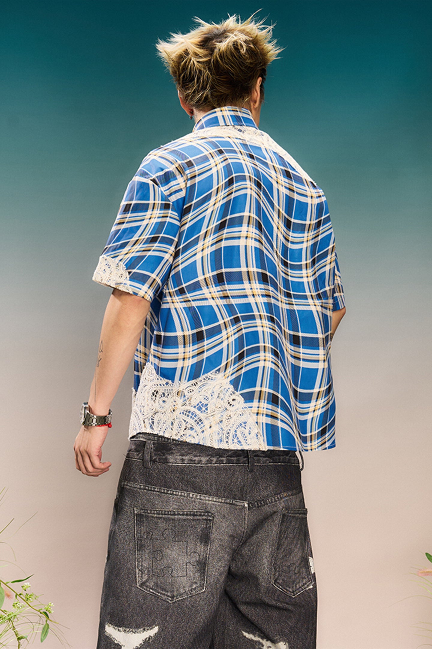 YADcrew | Plaid Lace Stitching Trendy Loose Short-Sleeved Shirt - PSYLOS 1, YADcrew | Plaid Lace Stitching Trendy Loose Short-Sleeved Shirt, Shirts, YADcrew•JAPAN, PSYLOS 1